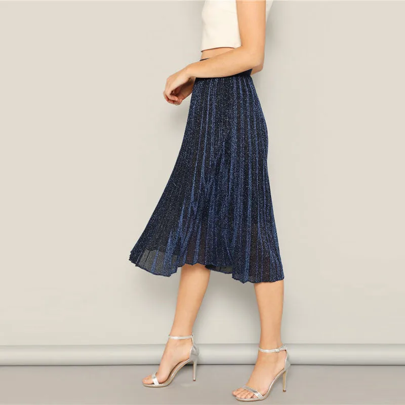 Navy Elastic Waist Glitter Pleated Skirt
