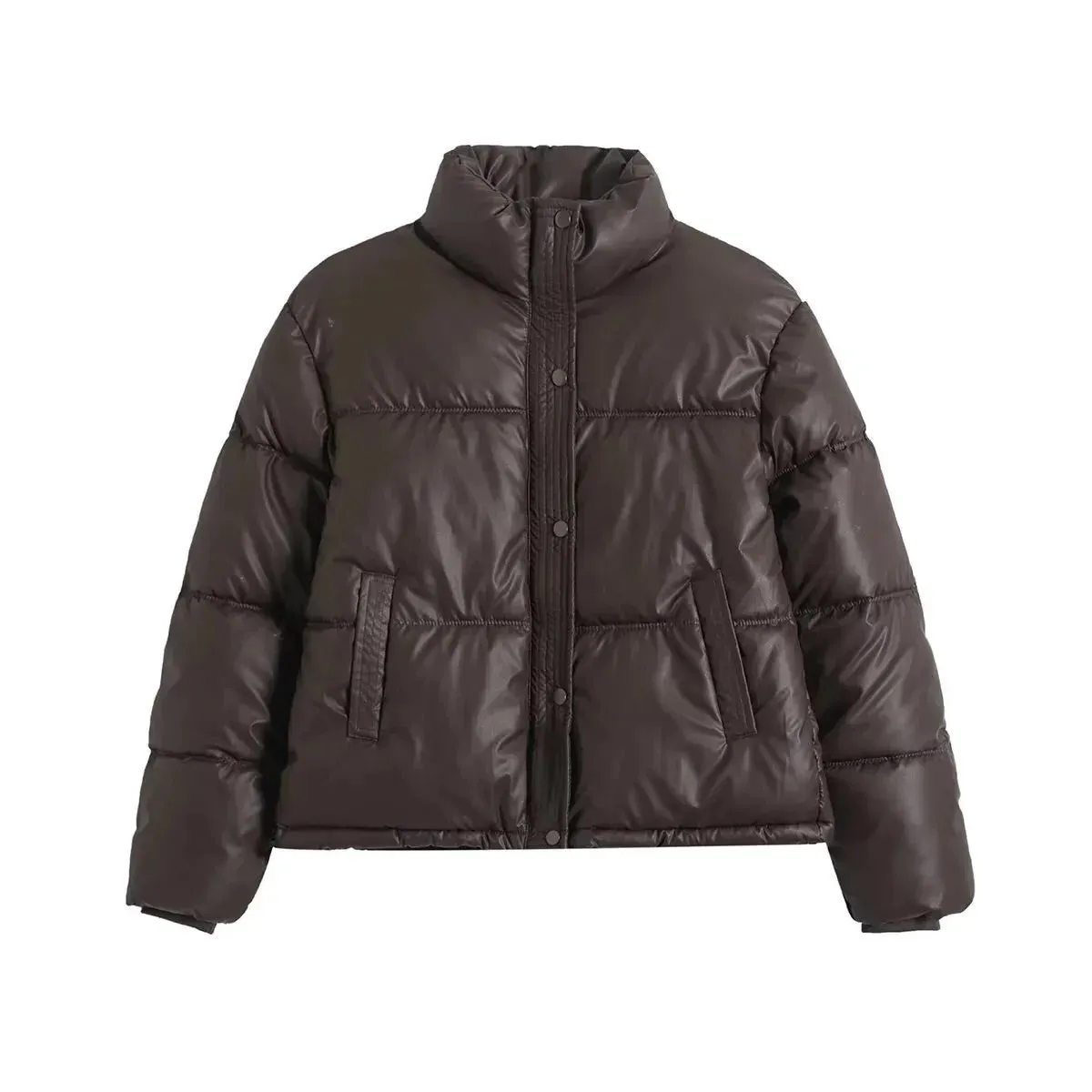 Neutral Puffer Turtleneck Button Up Jacket