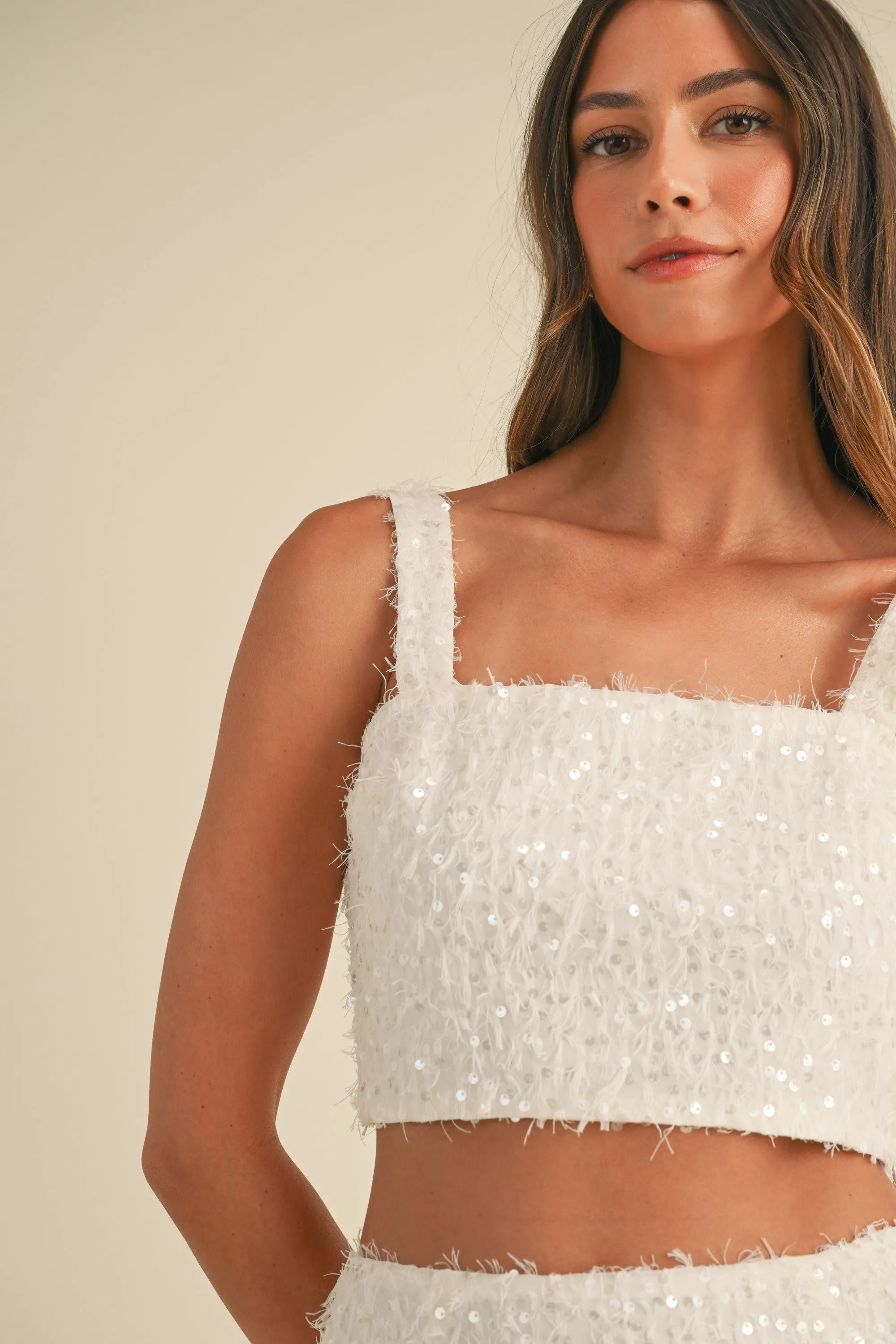 NEWEST ARRIVAL White Fringe Sequin Midi Skirt Set