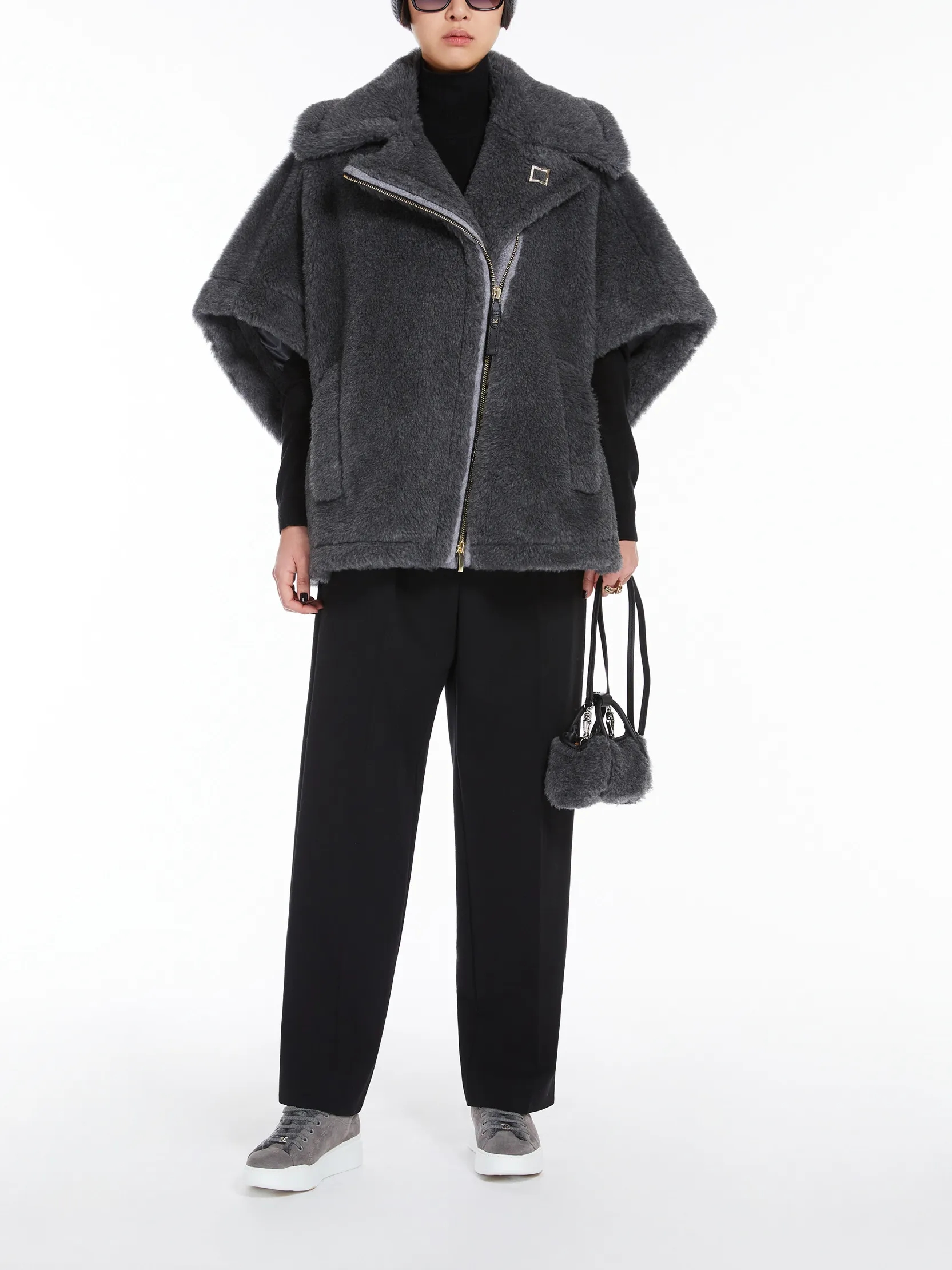 NewMant biker jacket cape in wool and alpaca Teddy fabric