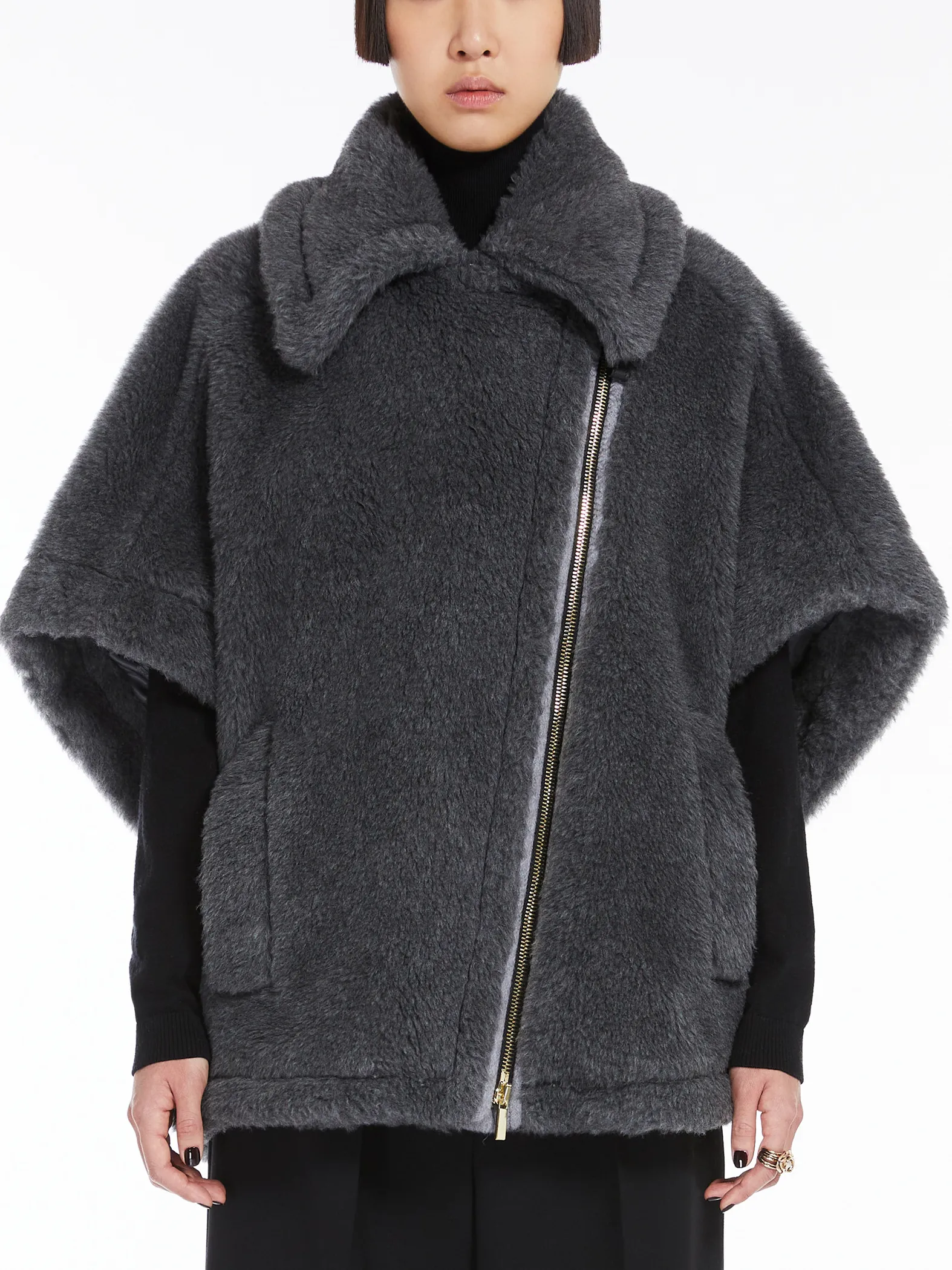 NewMant biker jacket cape in wool and alpaca Teddy fabric