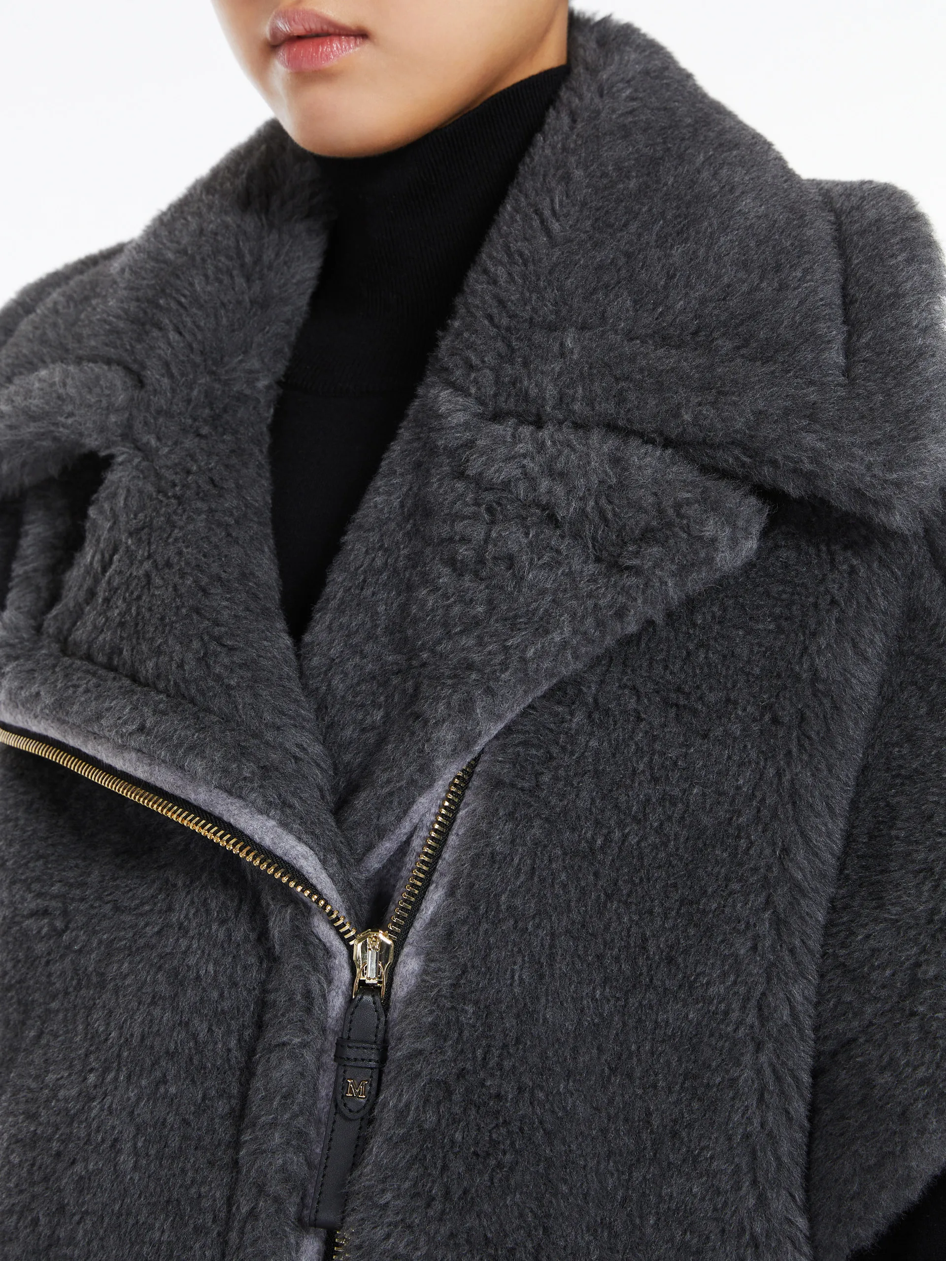 NewMant biker jacket cape in wool and alpaca Teddy fabric