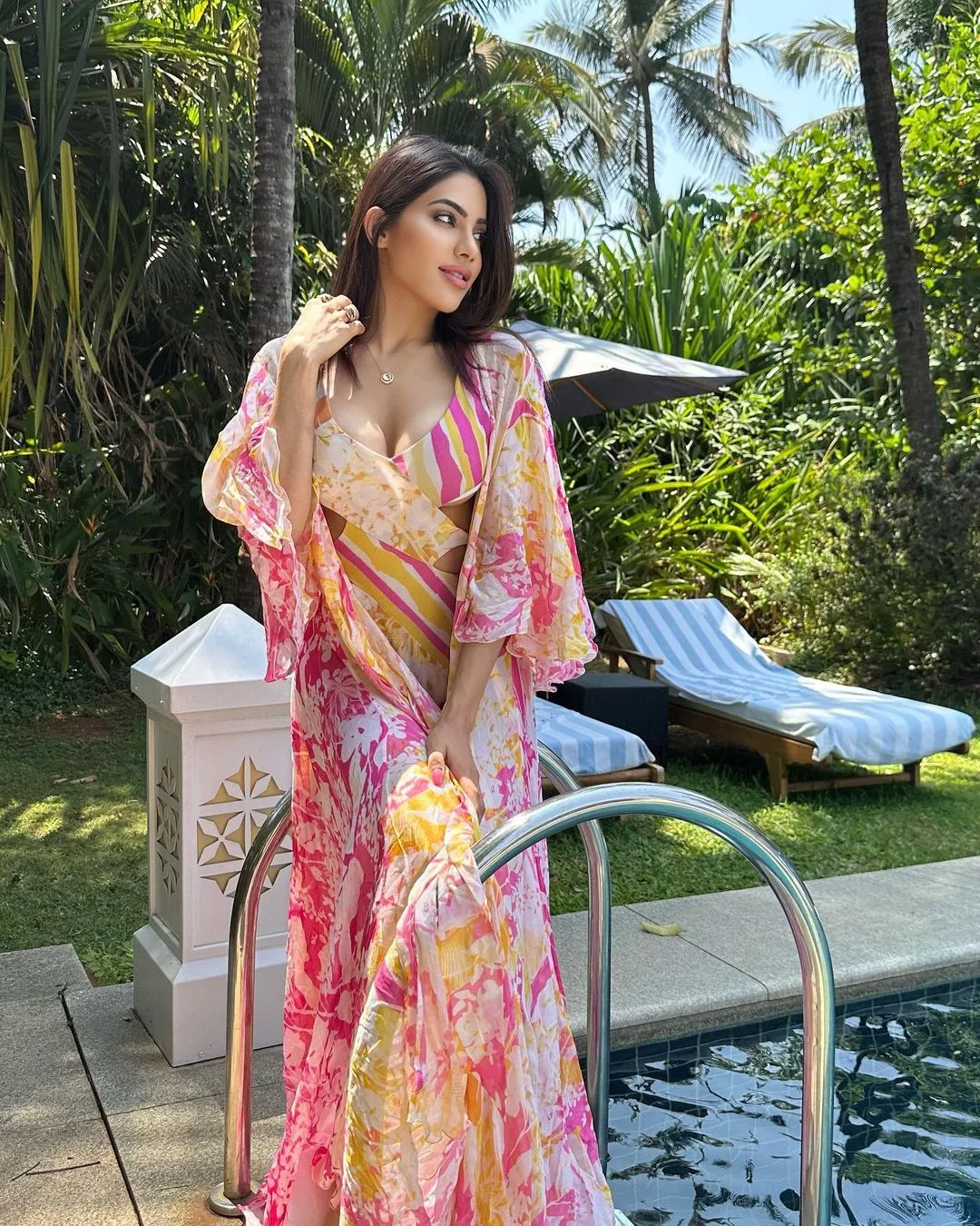 Nikki Tamboli - Orchid & daisy bodysuit with cape