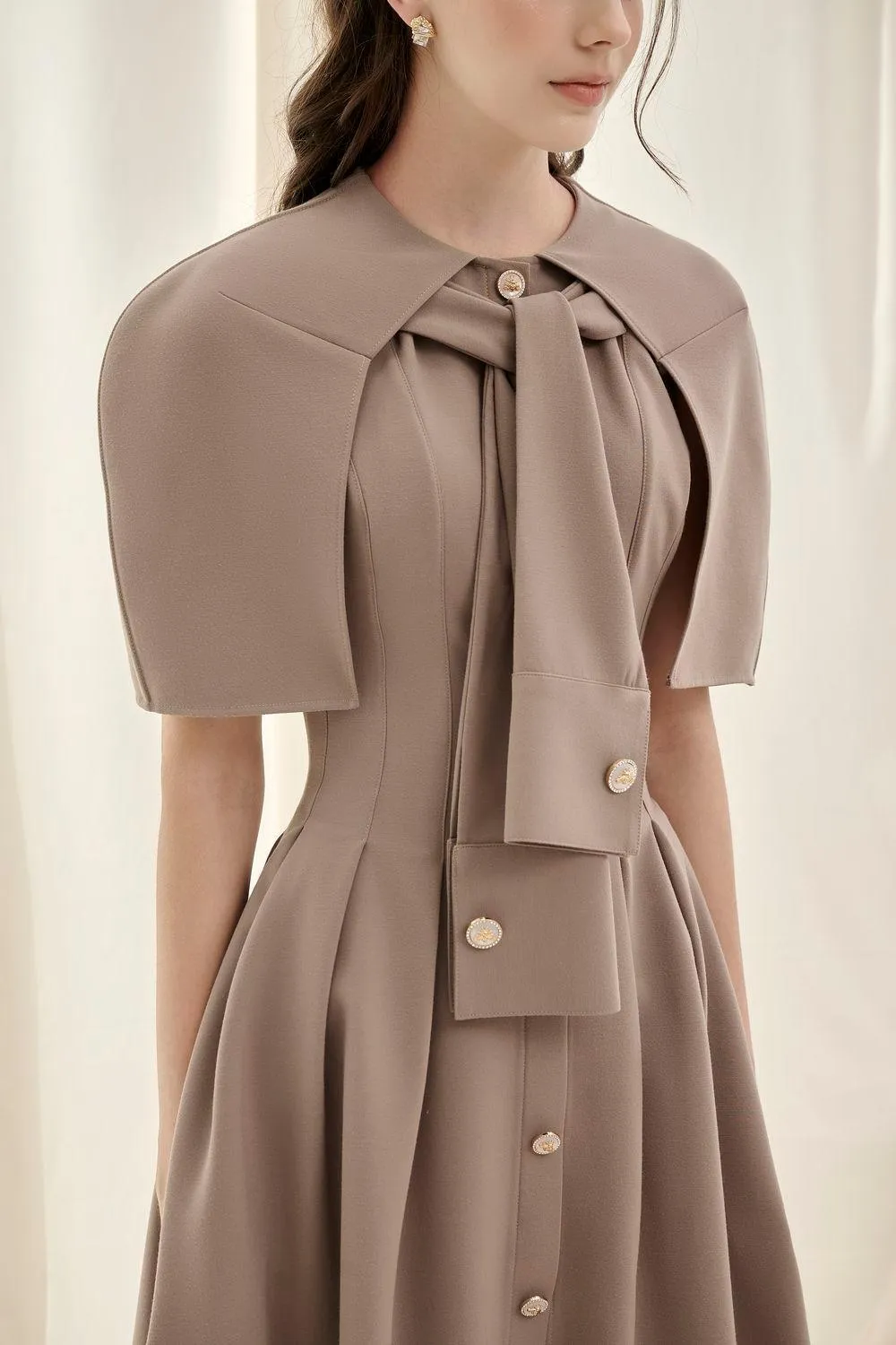 Olivia Kelsey A-line Cape Shoulder Cotton Midi Dress
