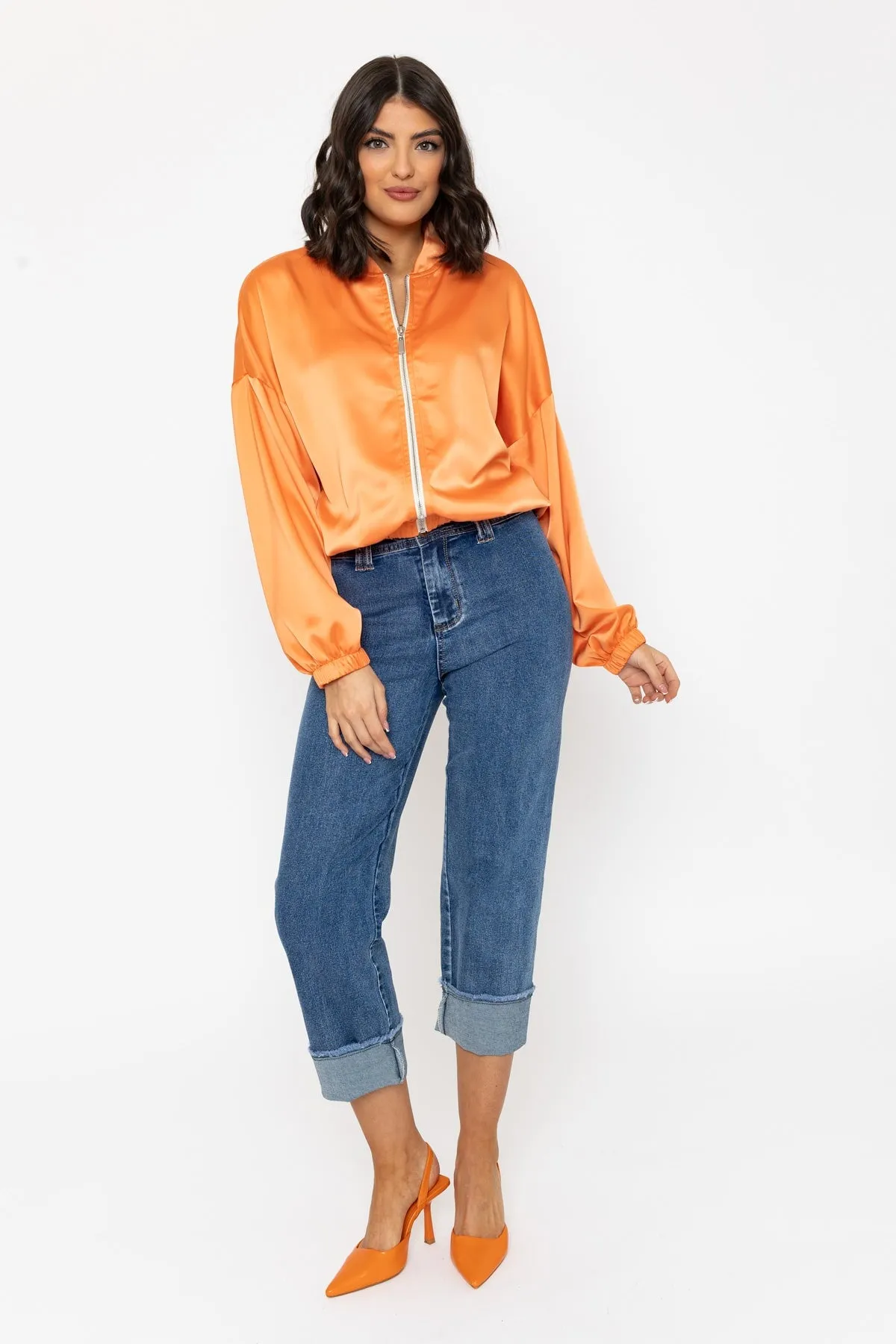 Orange Sateen Bomber Jacket