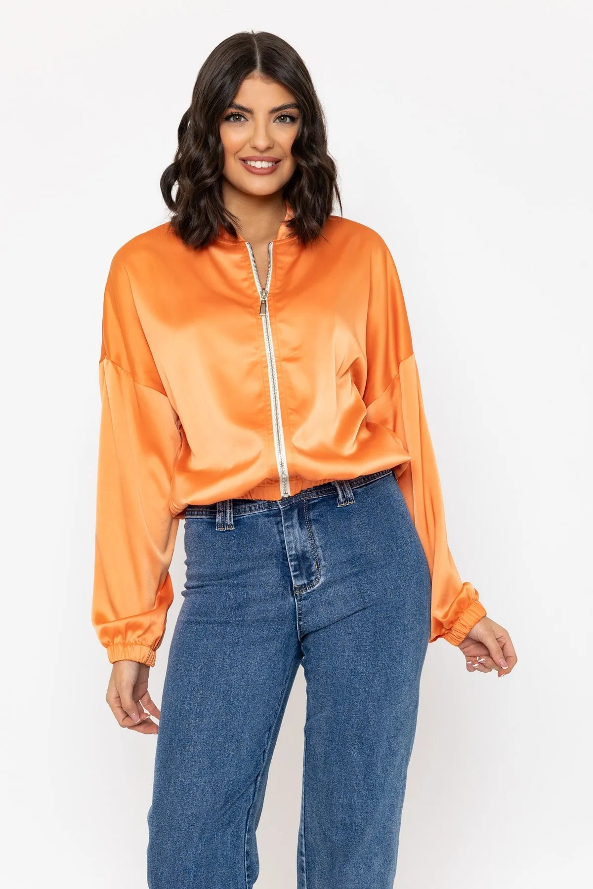 Orange Sateen Bomber Jacket