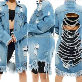OVERSIZED DENIM JACKET W/ ALL OVER DISTRESS