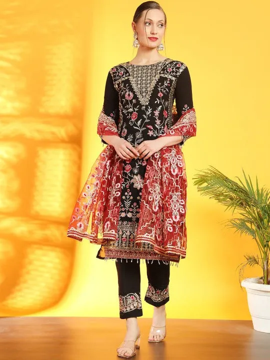 Pakistani Inspired Floral Embroidered Thread Work Kurta Trousers & Dupatta