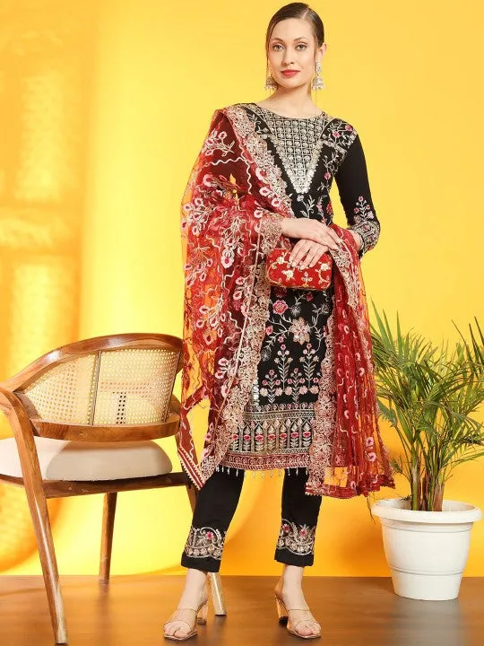 Pakistani Inspired Floral Embroidered Thread Work Kurta Trousers & Dupatta