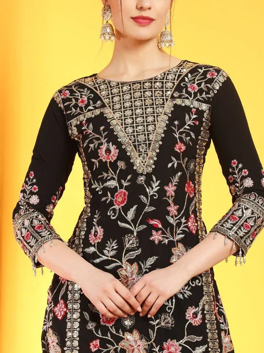 Pakistani Inspired Floral Embroidered Thread Work Kurta Trousers & Dupatta