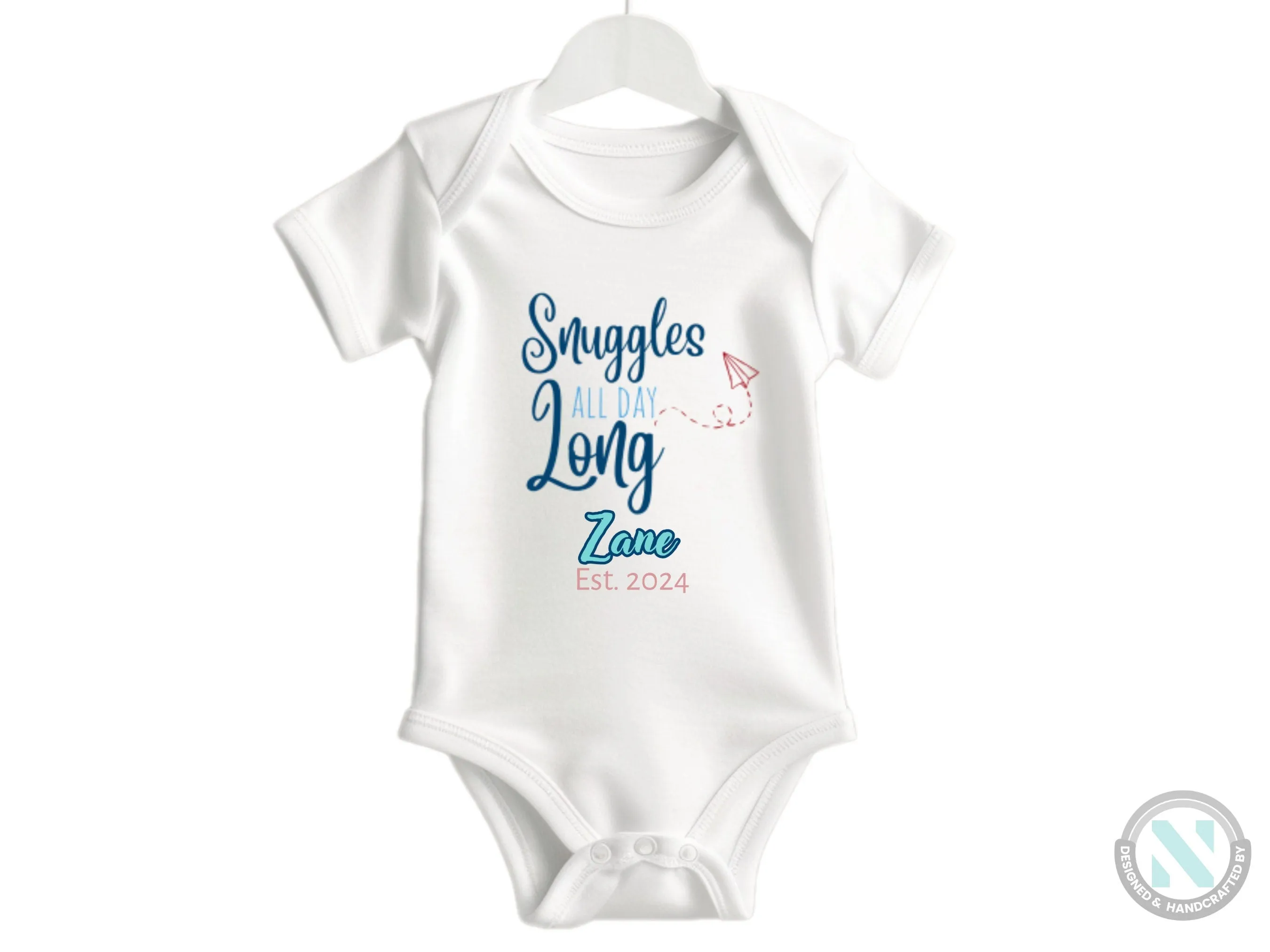 Personalize Name And Date Short Sleeve Baby Bodysuit with "Snuggles All Day Long"