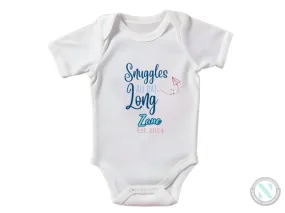 Personalize Name And Date Short Sleeve Baby Bodysuit with "Snuggles All Day Long"