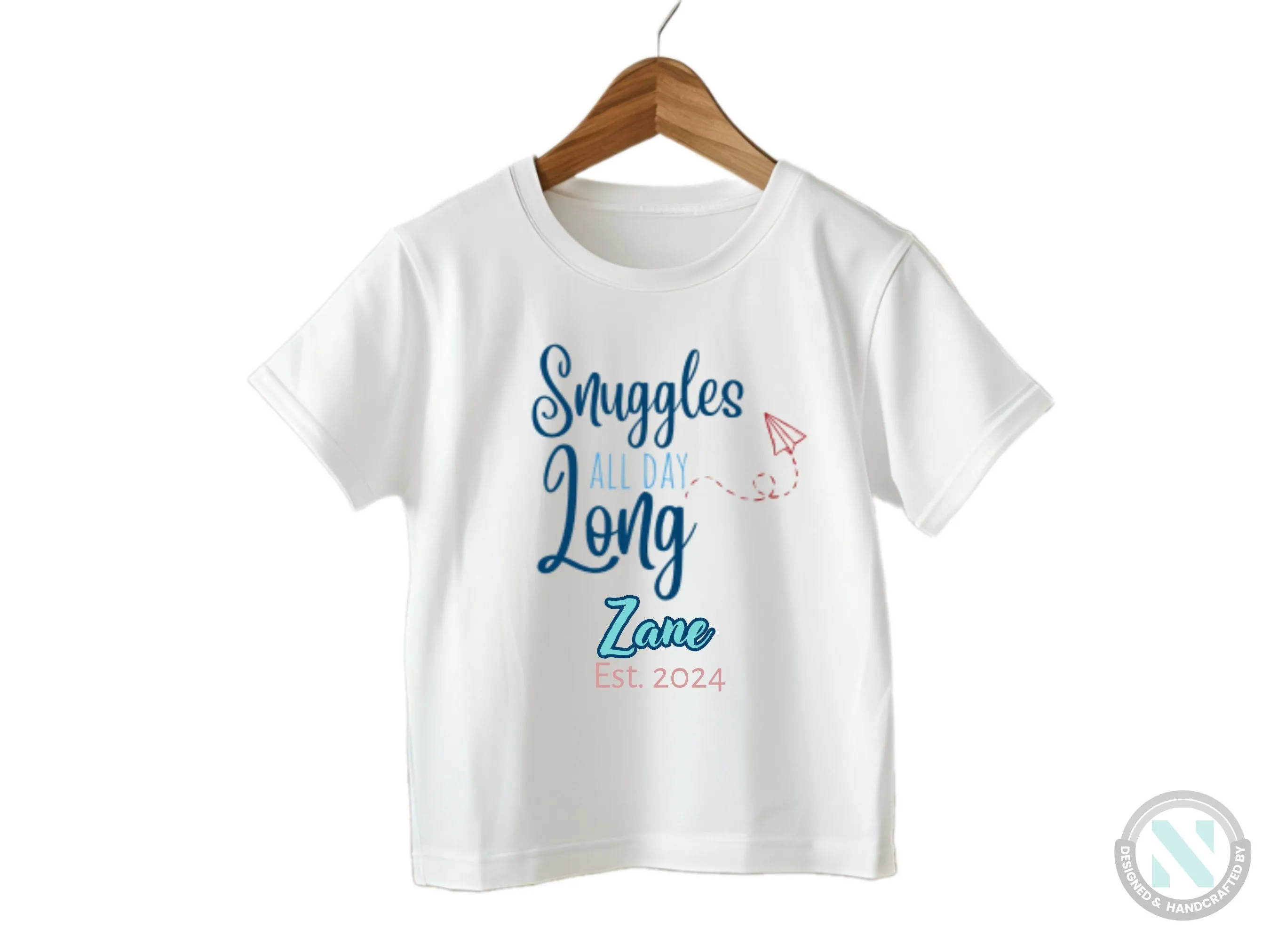 Personalize Name And Date Short Sleeve Baby Bodysuit with "Snuggles All Day Long"