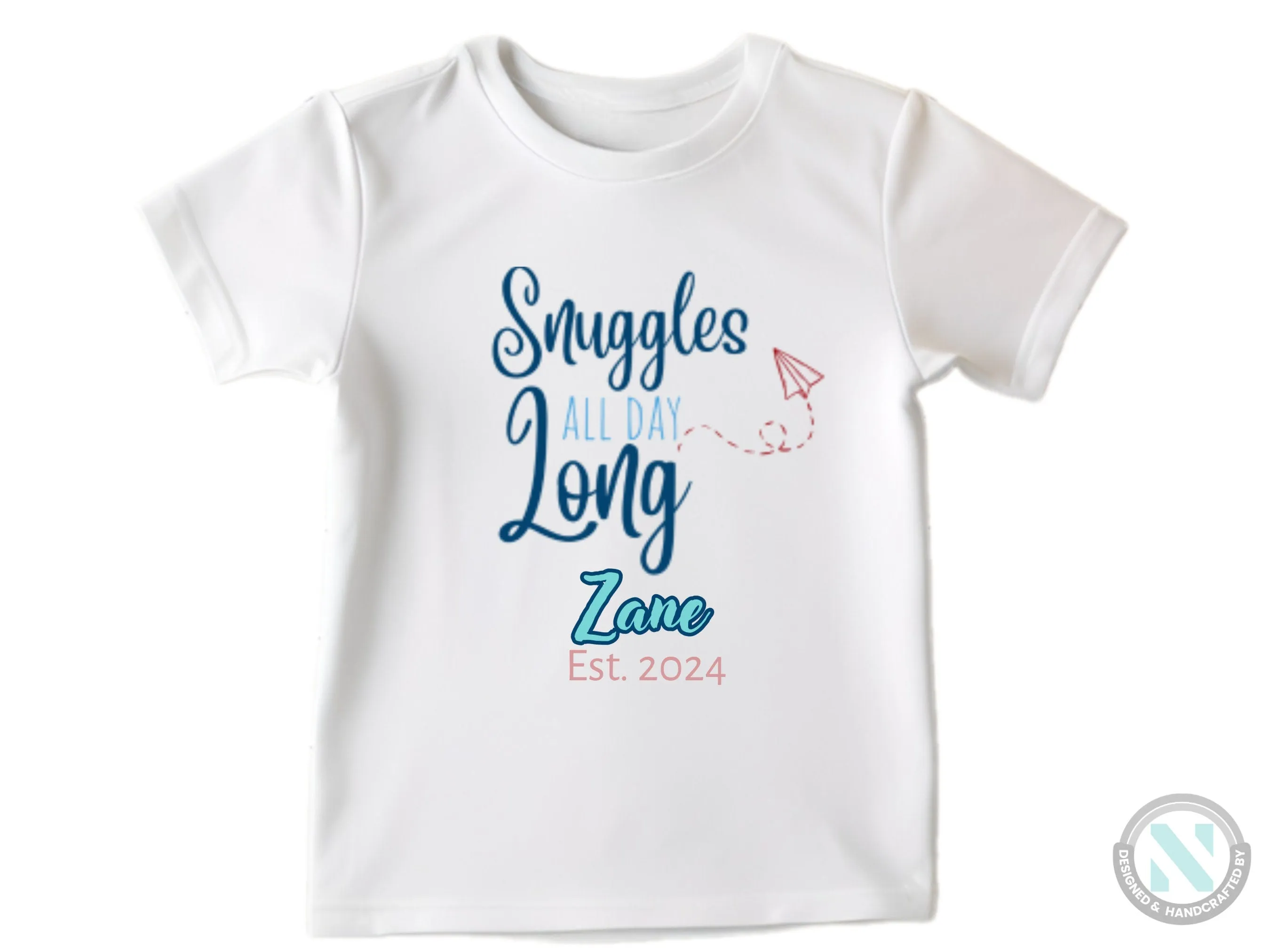 Personalize Name And Date Short Sleeve Baby Bodysuit with "Snuggles All Day Long"