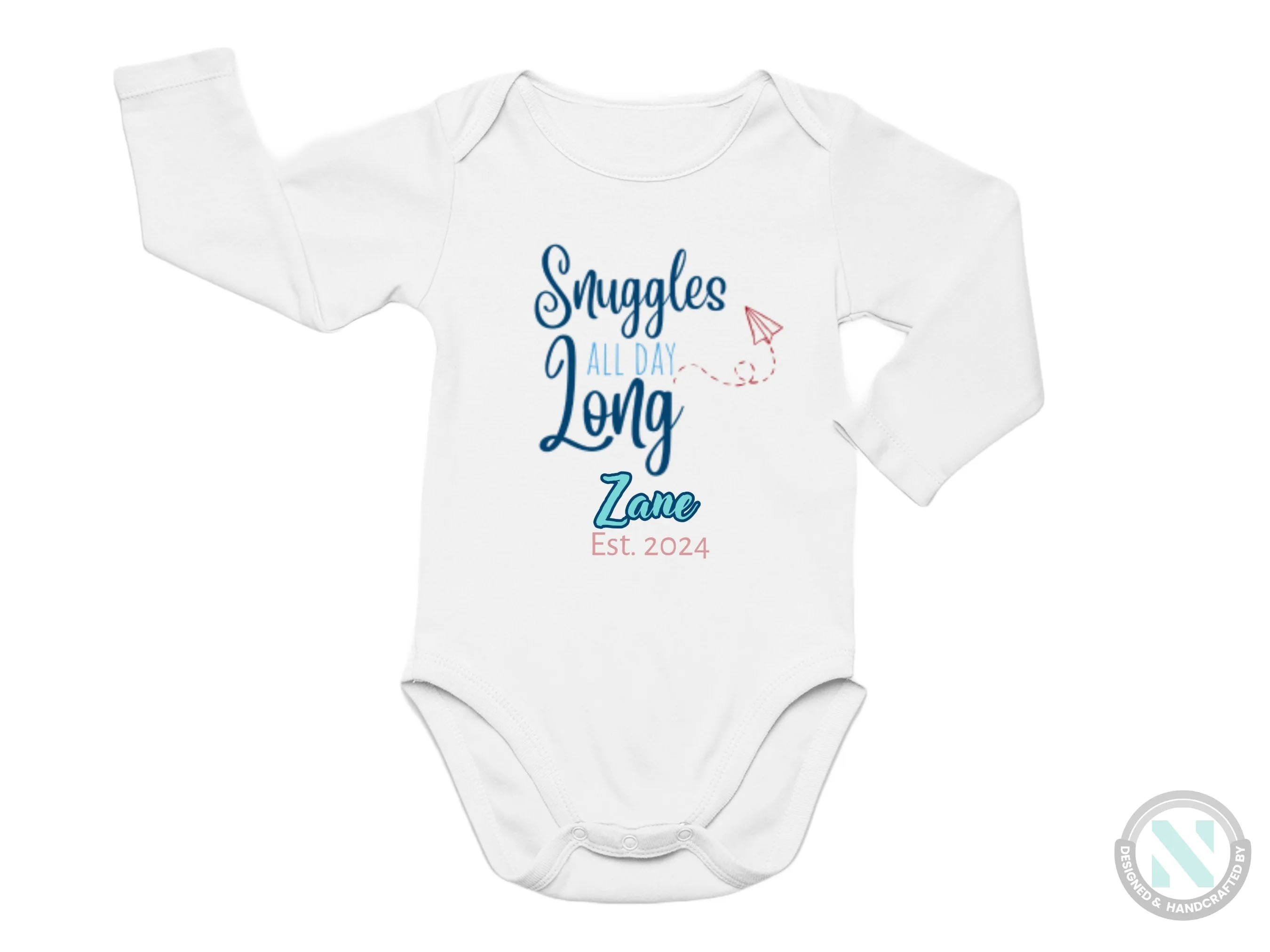 Personalize Name And Date Short Sleeve Baby Bodysuit with "Snuggles All Day Long"