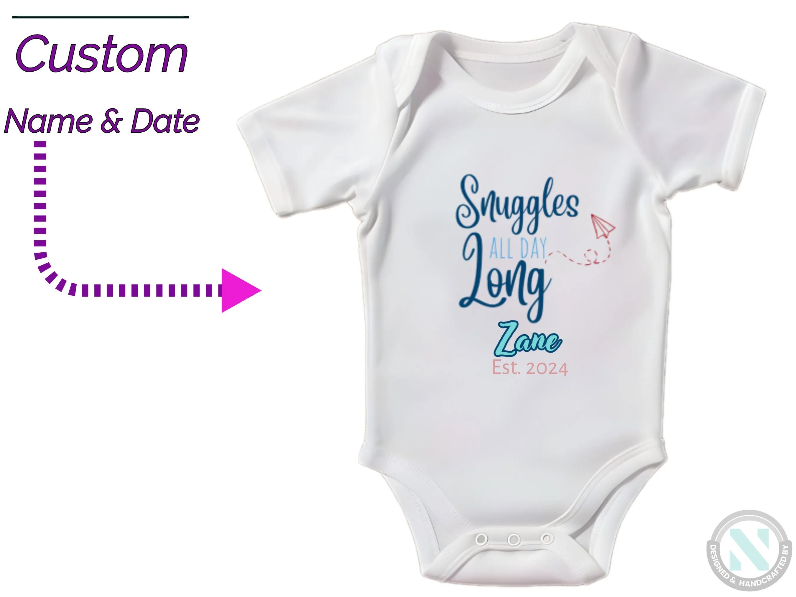 Personalize Name And Date Short Sleeve Baby Bodysuit with "Snuggles All Day Long"