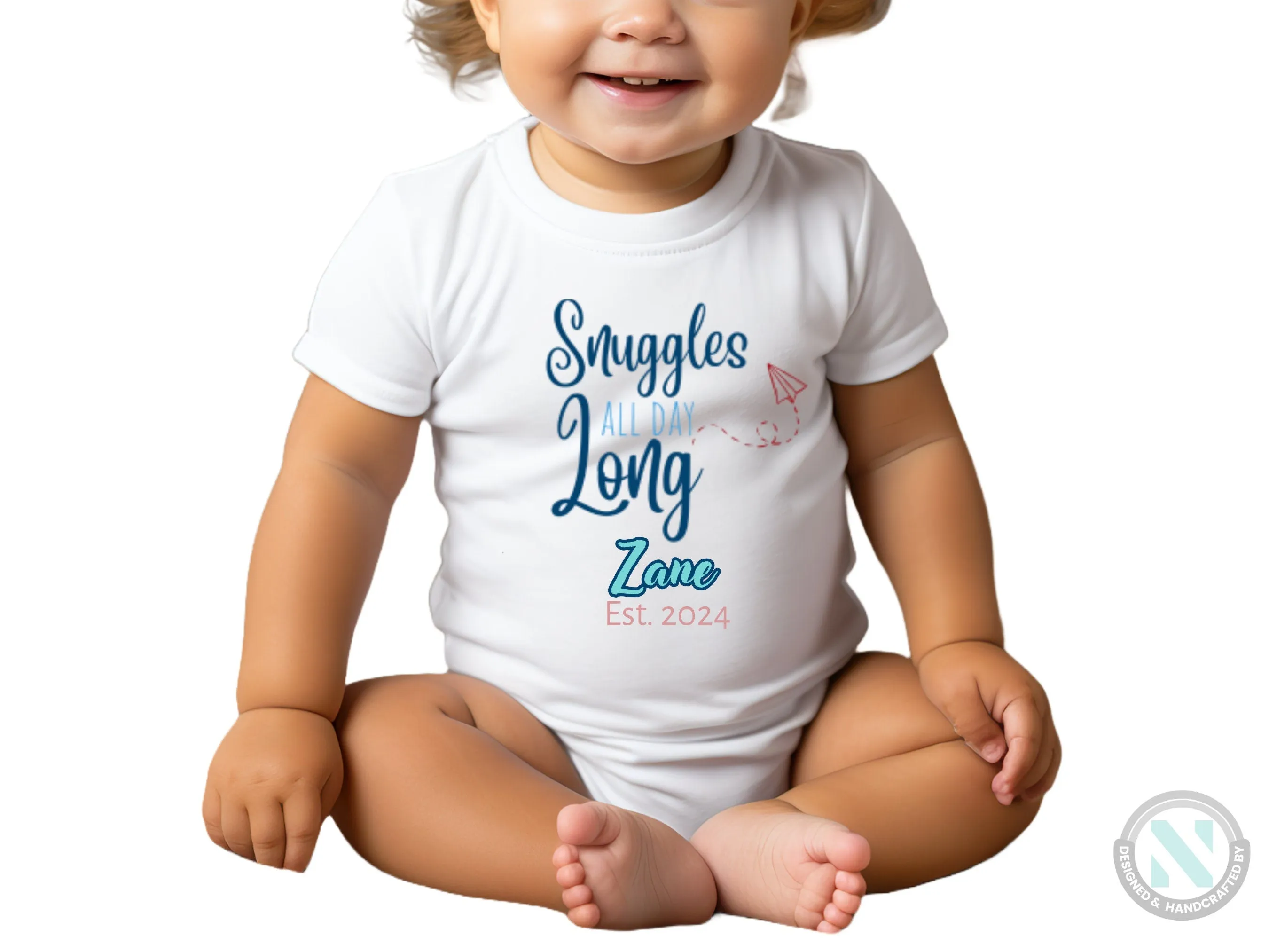 Personalize Name And Date Short Sleeve Baby Bodysuit with "Snuggles All Day Long"