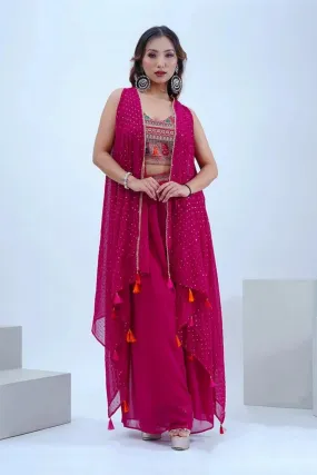 Pink Crop Top & Sharara With Sequin Work Cape - Rent