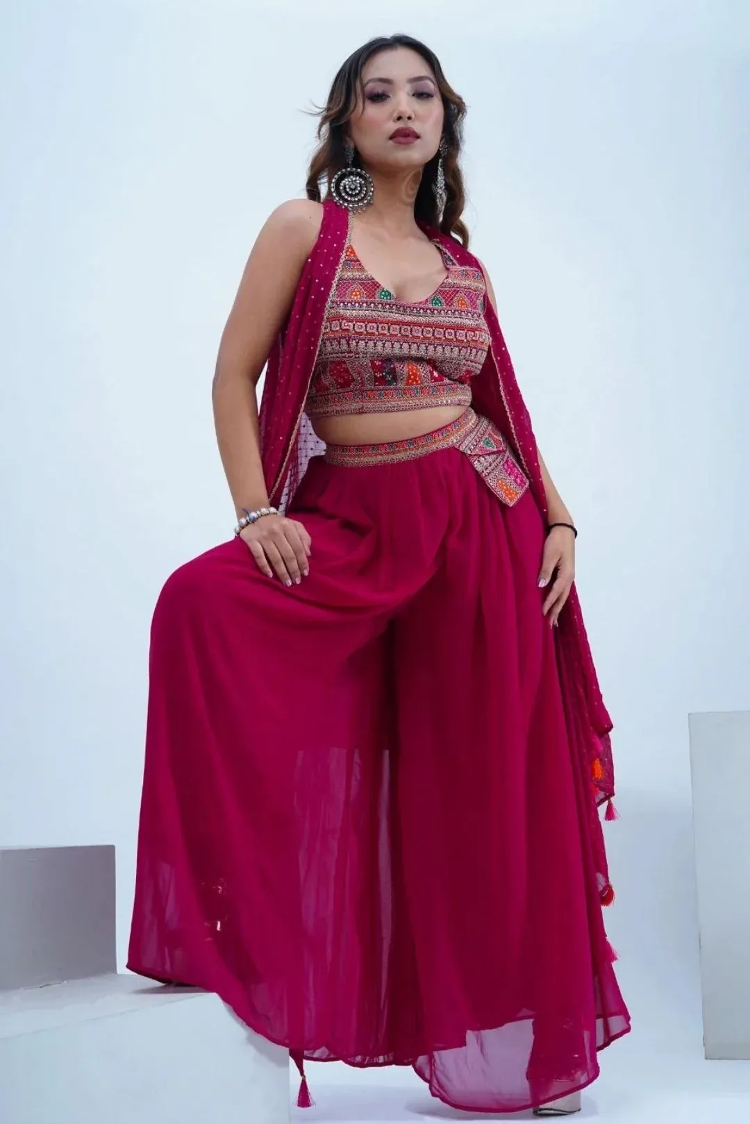 Pink Crop Top & Sharara With Sequin Work Cape - Rent