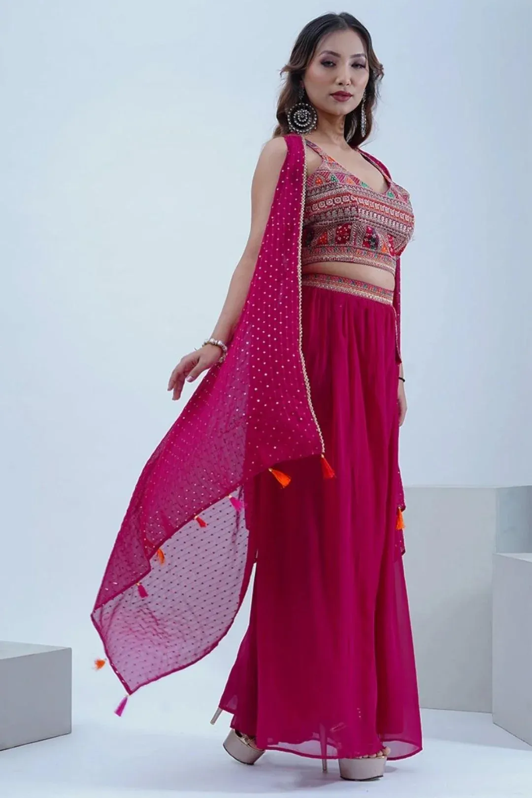 Pink Crop Top & Sharara With Sequin Work Cape - Rent