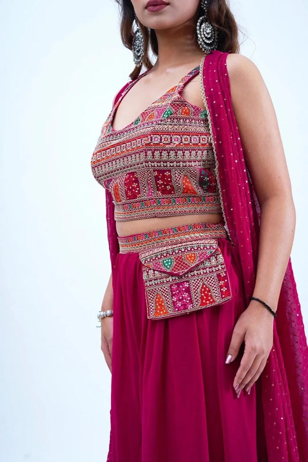 Pink Crop Top & Sharara With Sequin Work Cape - Rent
