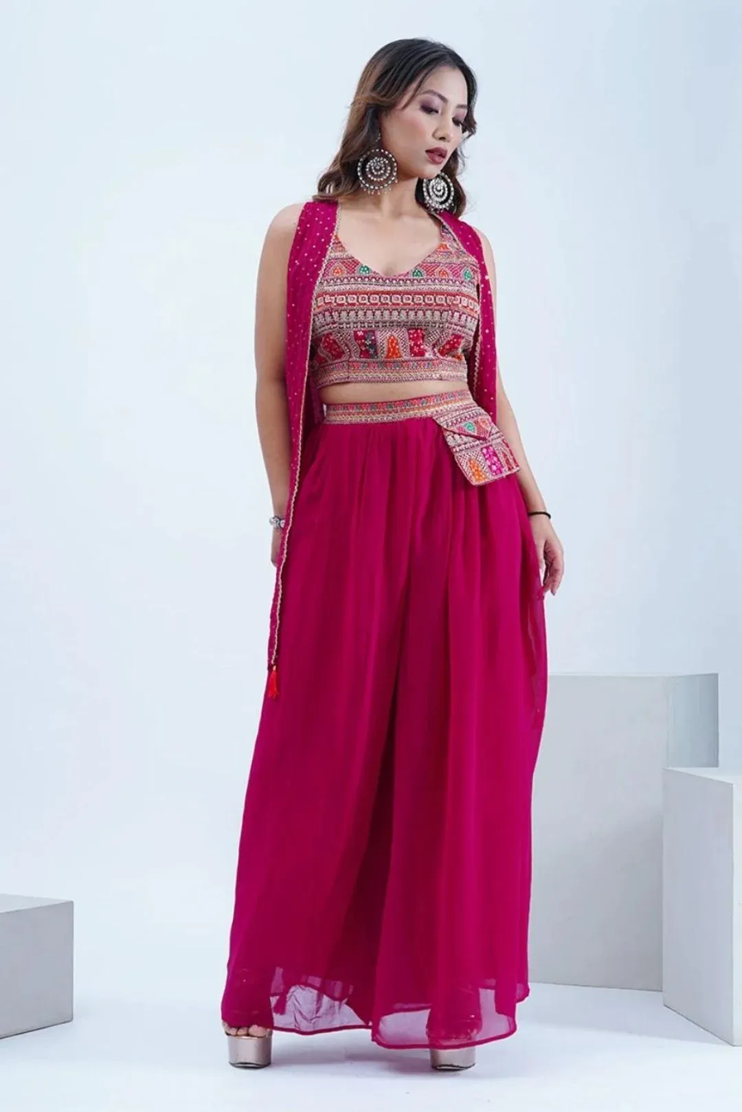 Pink Crop Top & Sharara With Sequin Work Cape - Rent