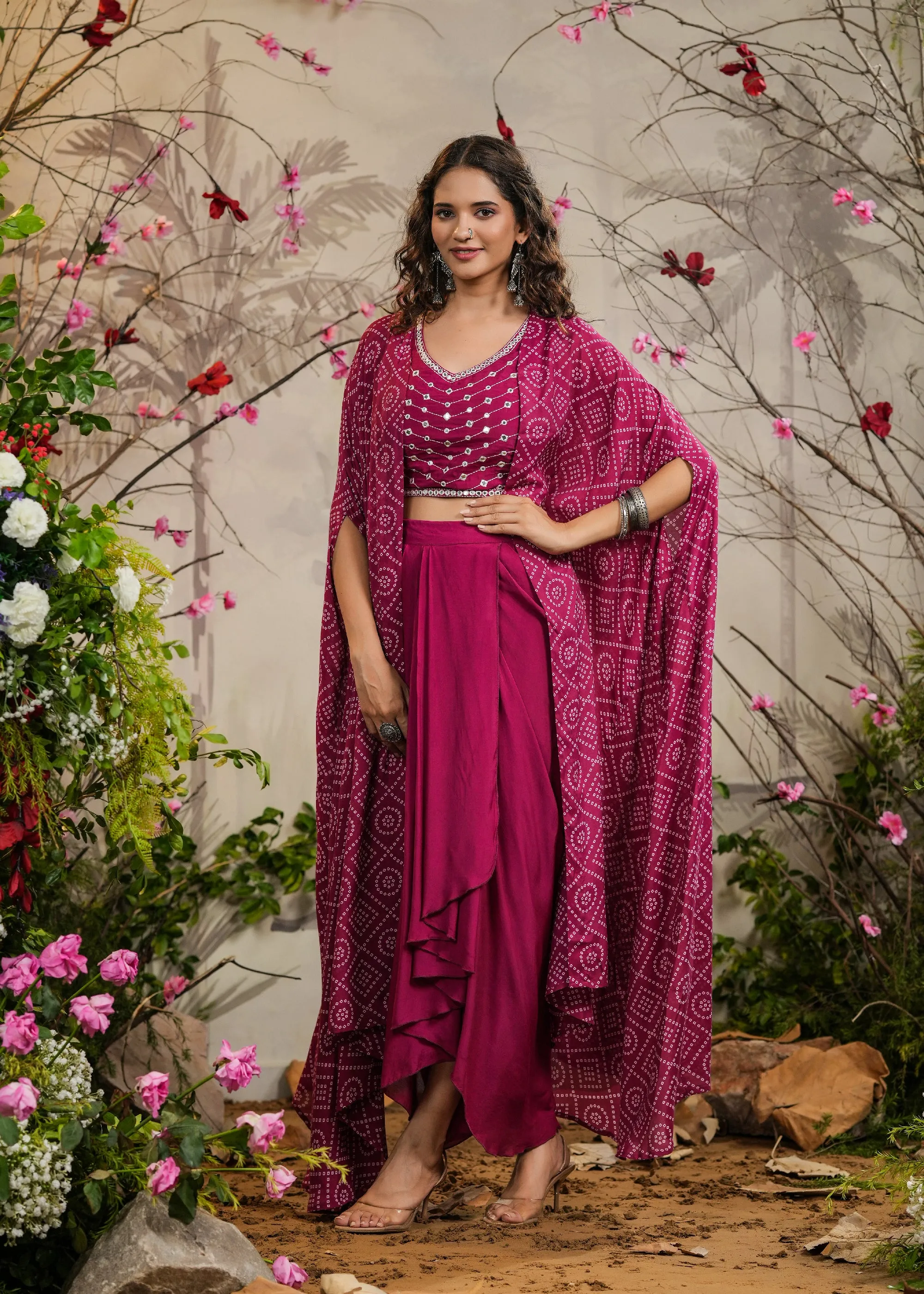 Preet Magenta Bandhej Draped Skirt Cape Set