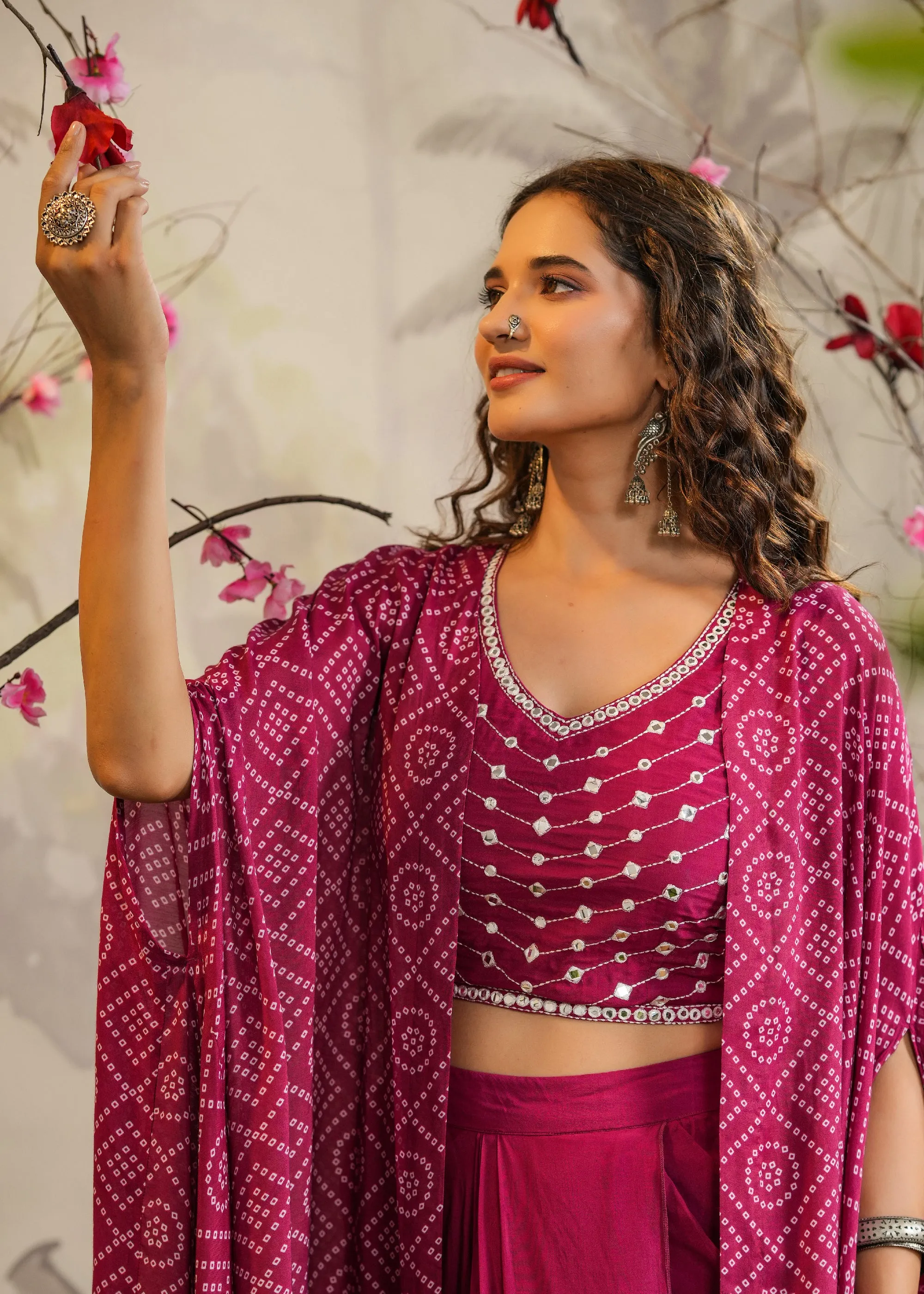 Preet Magenta Bandhej Draped Skirt Cape Set