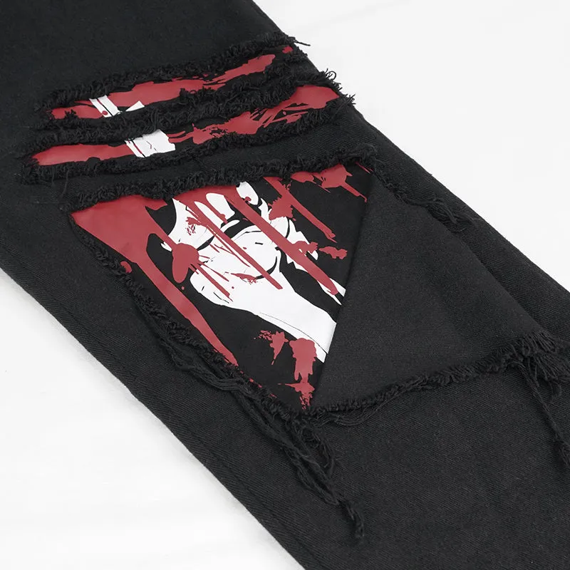PT191 Ripped Leg Bloody Printed Men's Punk Trousers