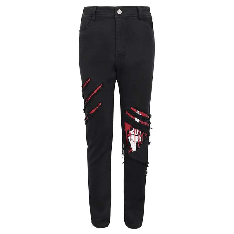 PT191 Ripped Leg Bloody Printed Men's Punk Trousers