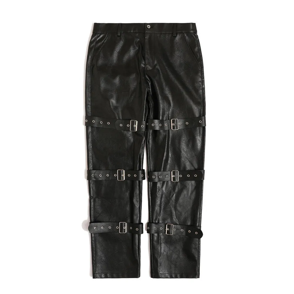 Punk Style Tie Design PU Leather Pants For Men