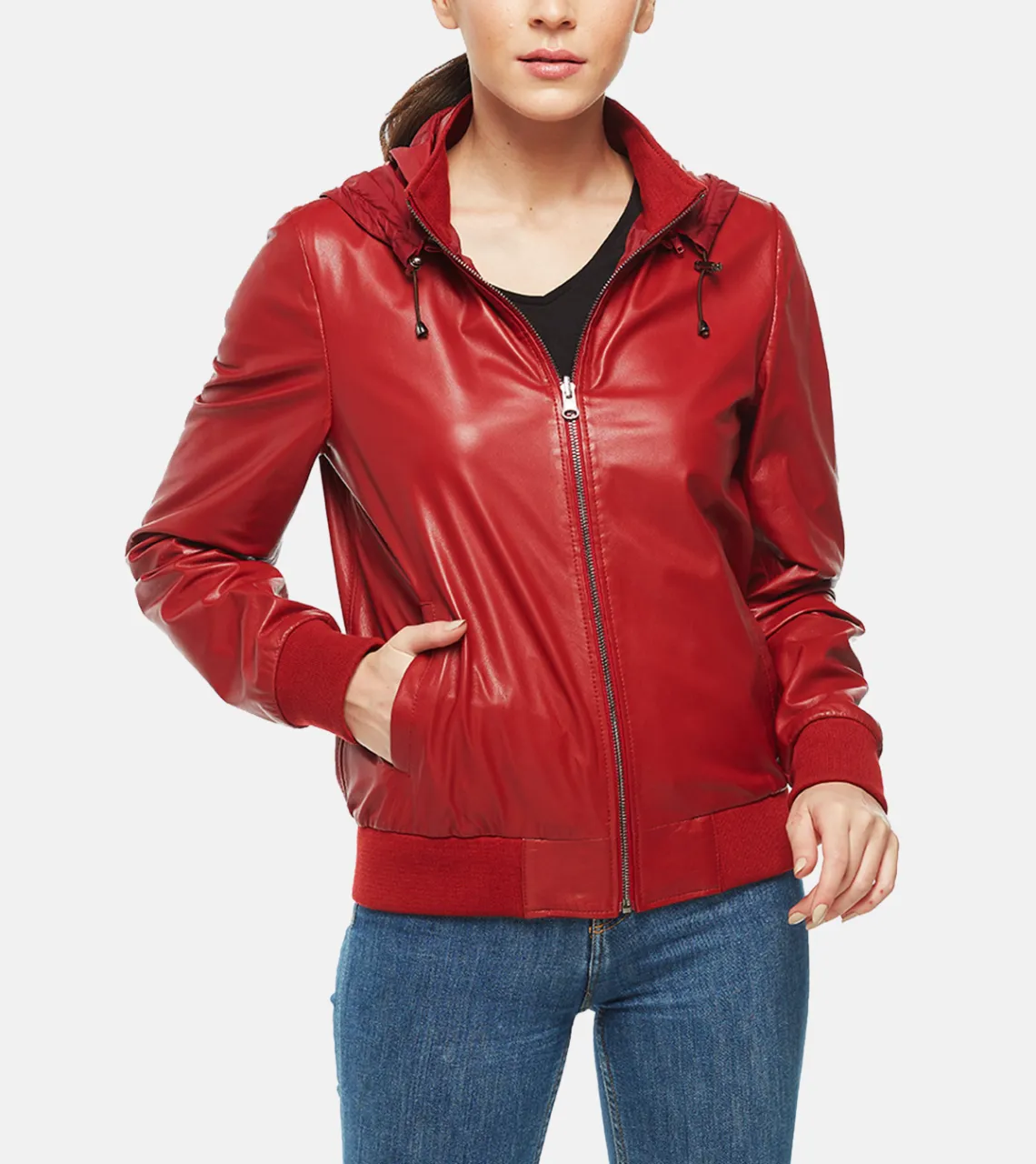 Red Women's Leather Bomber Biker Jacket