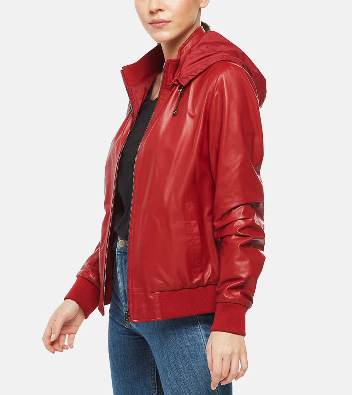 Red Women's Leather Bomber Biker Jacket