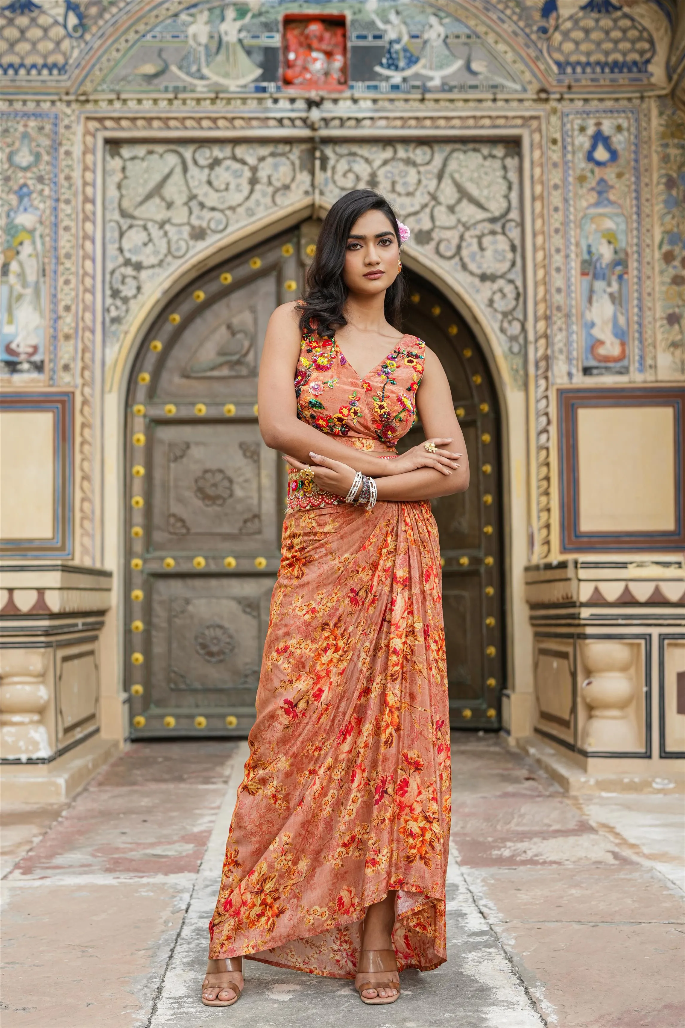 Rust Crepe Silk Printed Drape Skirt Set With Cape