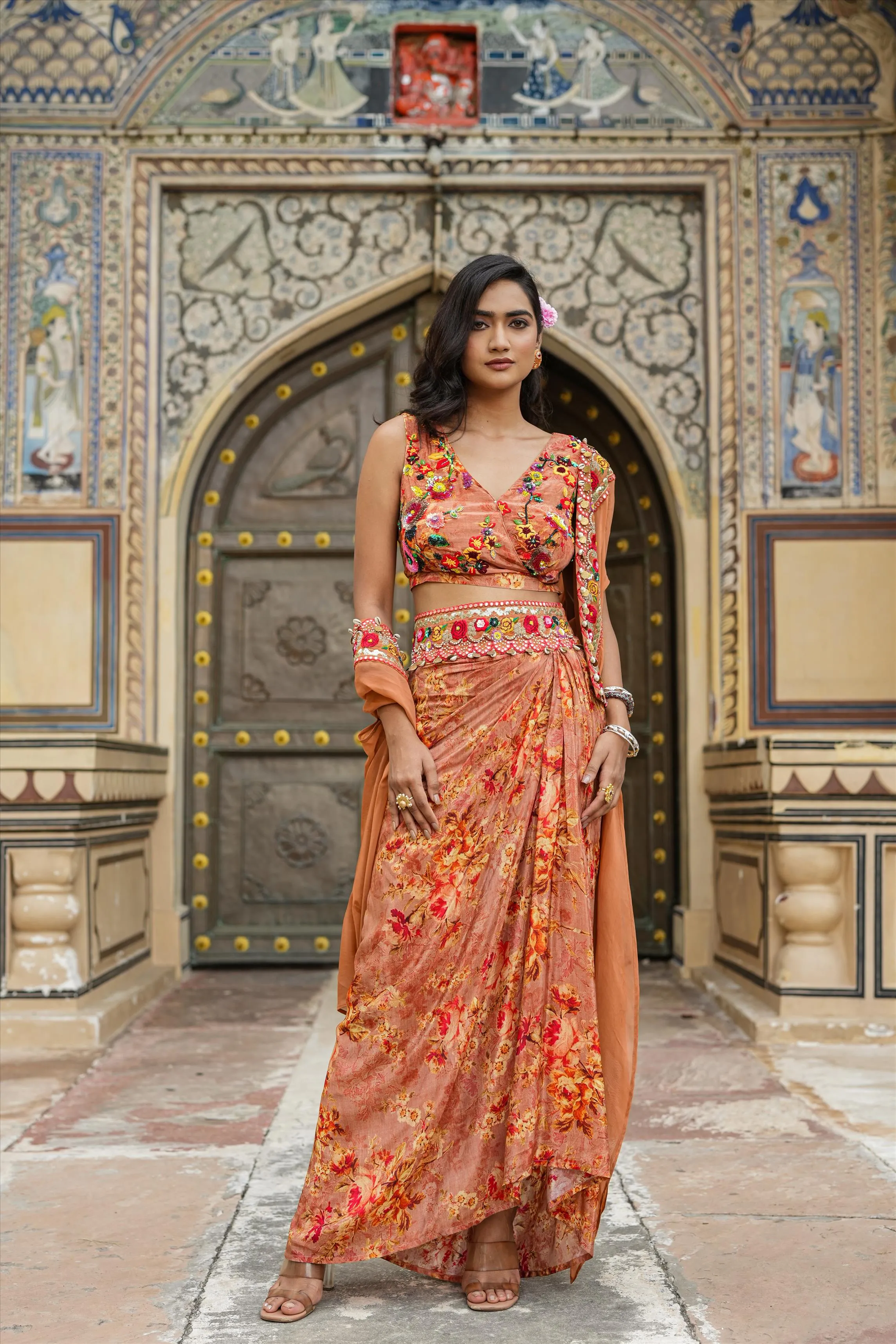 Rust Crepe Silk Printed Drape Skirt Set With Cape