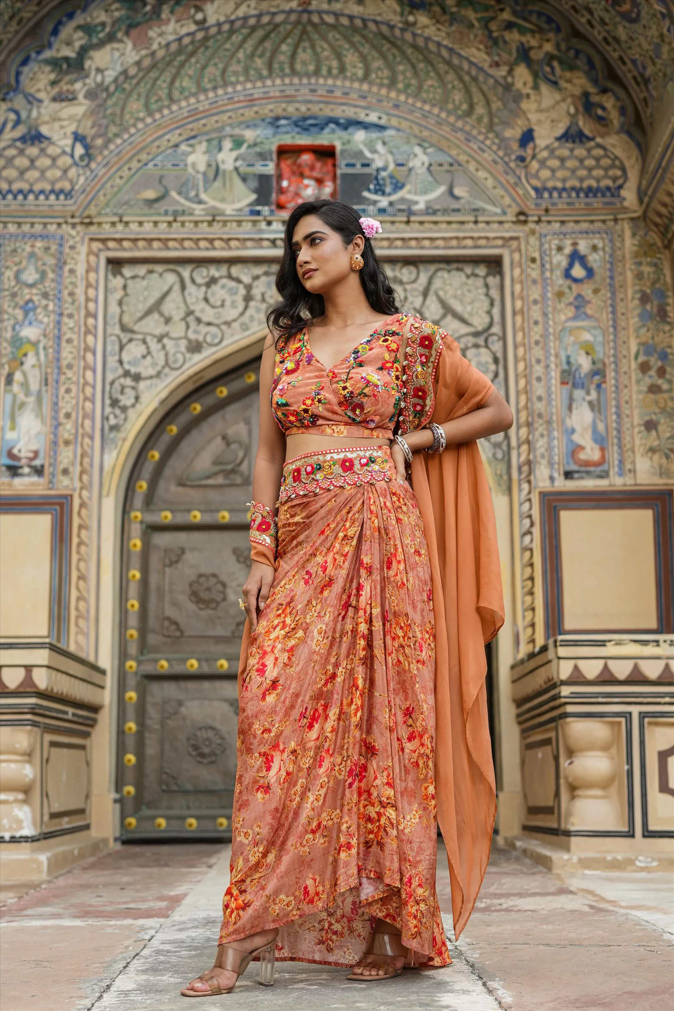 Rust Crepe Silk Printed Drape Skirt Set With Cape