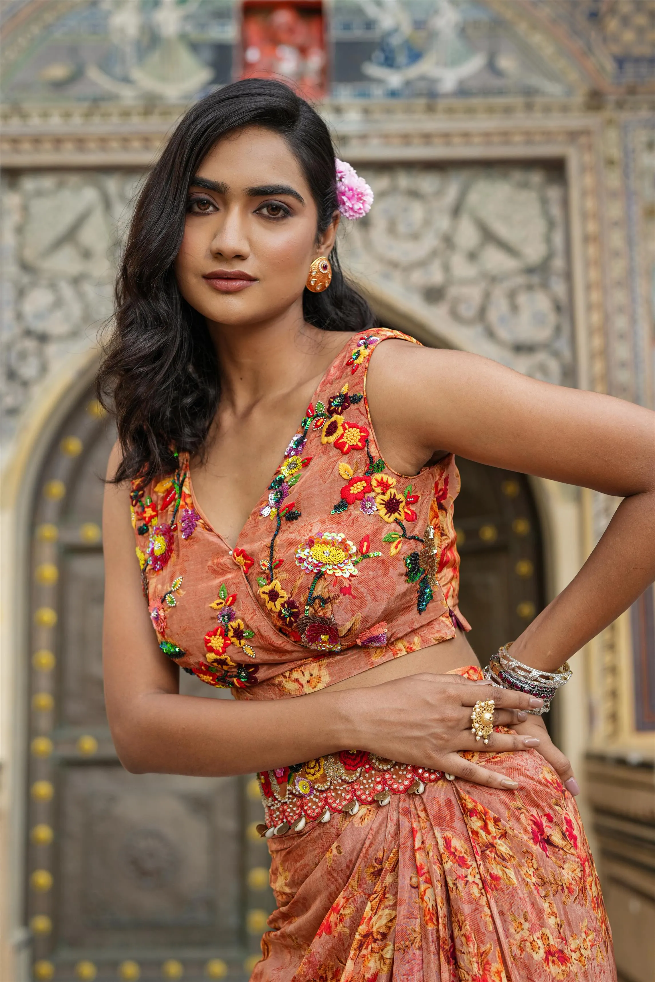 Rust Crepe Silk Printed Drape Skirt Set With Cape