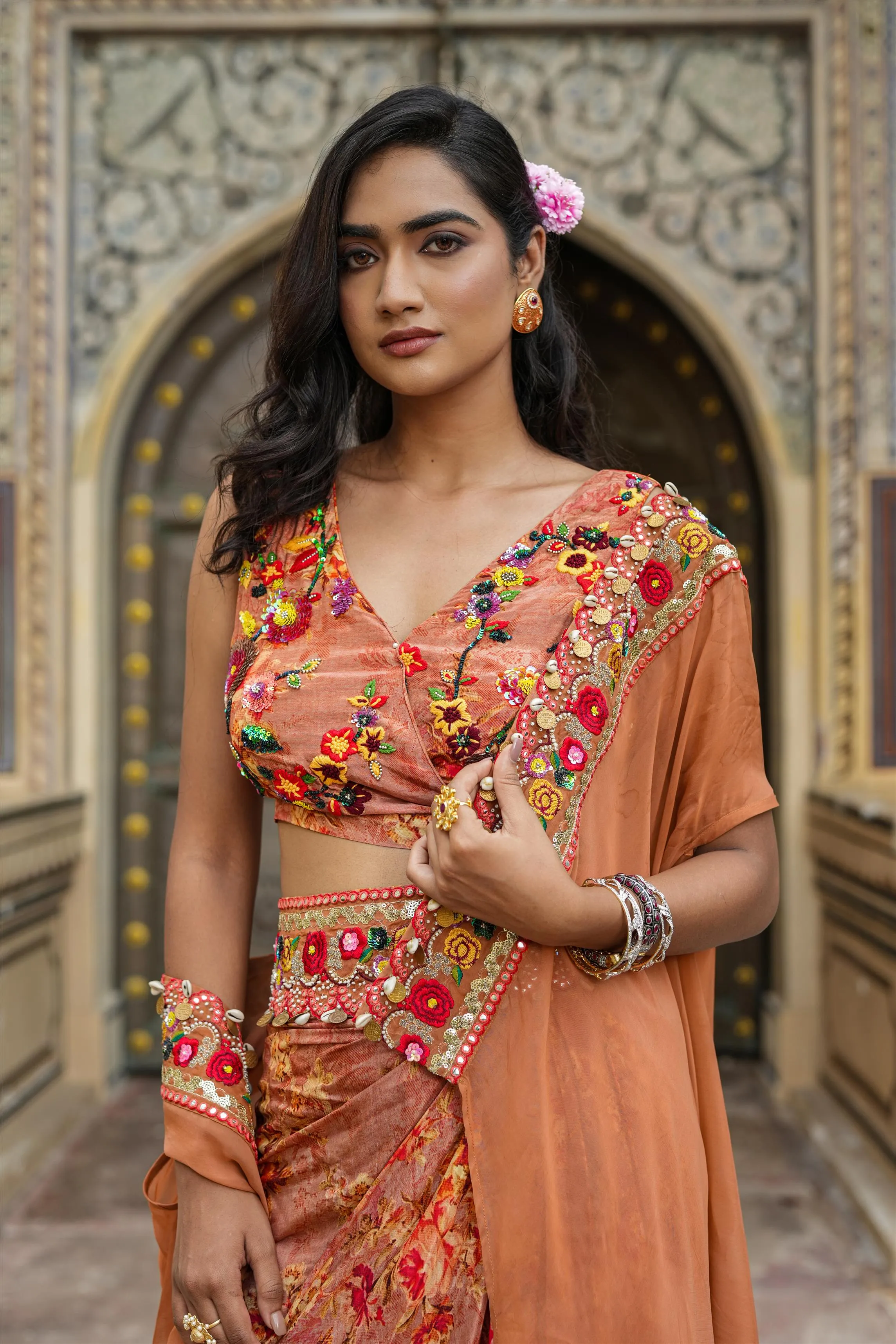 Rust Crepe Silk Printed Drape Skirt Set With Cape