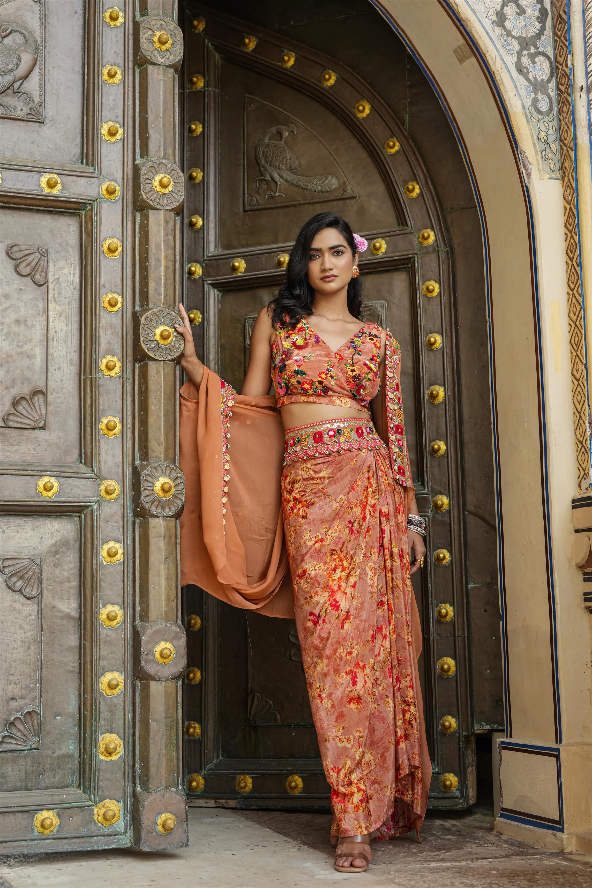 Rust Crepe Silk Printed Drape Skirt Set With Cape