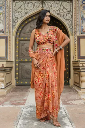 Rust Crepe Silk Printed Drape Skirt Set With Cape