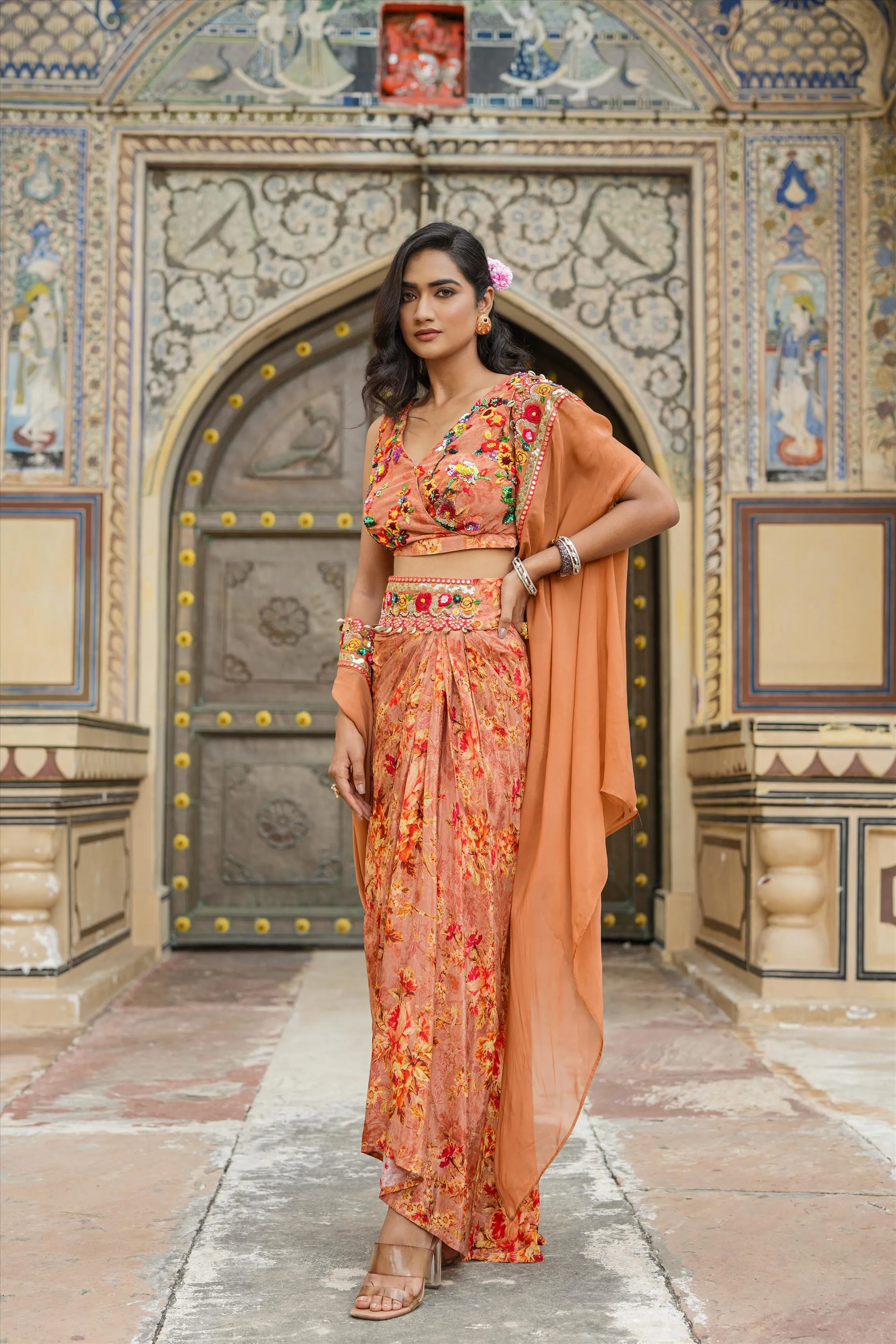 Rust Crepe Silk Printed Drape Skirt Set With Cape