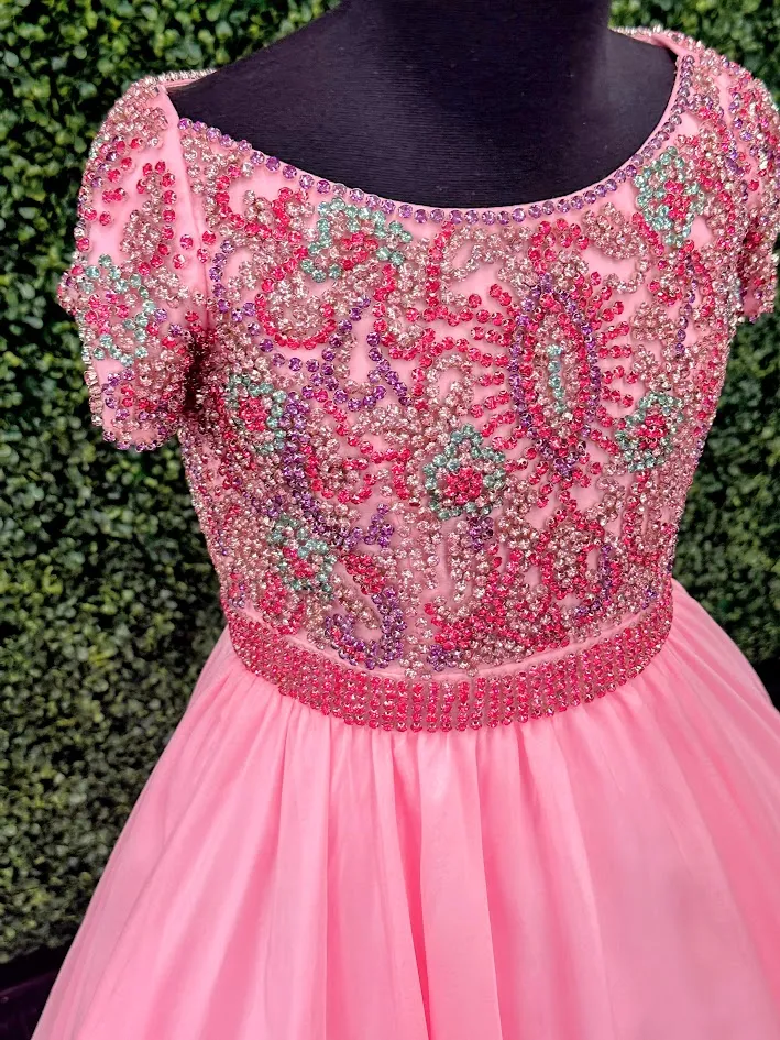 Samantha Blake 1113 Size 6 Pink Girls Pageant Dress Crystal Cape Choker A Line Ballgown Cap Sleeve