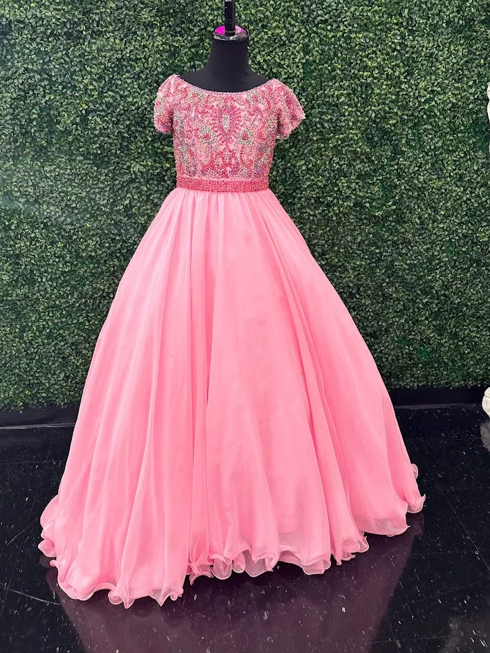 Samantha Blake 1113 Size 6 Pink Girls Pageant Dress Crystal Cape Choker A Line Ballgown Cap Sleeve