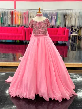 Samantha Blake 1113 Size 6 Pink Girls Pageant Dress Crystal Cape Choker A Line Ballgown Cap Sleeve