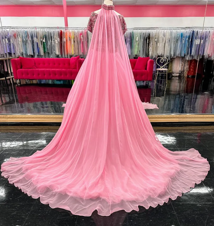 Samantha Blake 1113 Size 6 Pink Girls Pageant Dress Crystal Cape Choker A Line Ballgown Cap Sleeve
