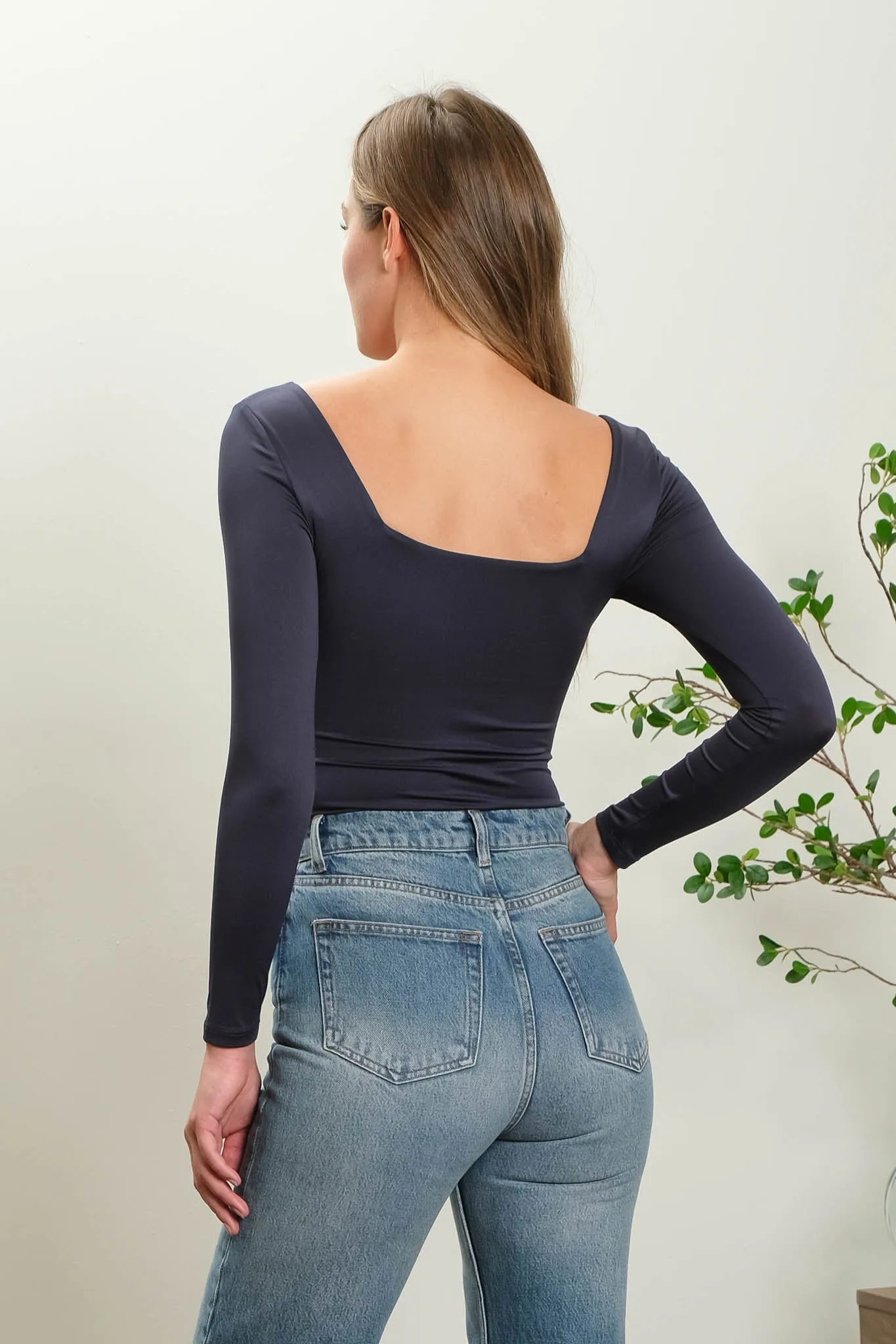 SEAMLESS SQUARE NECK LONG SLEEVE KNIT BODYSUIT