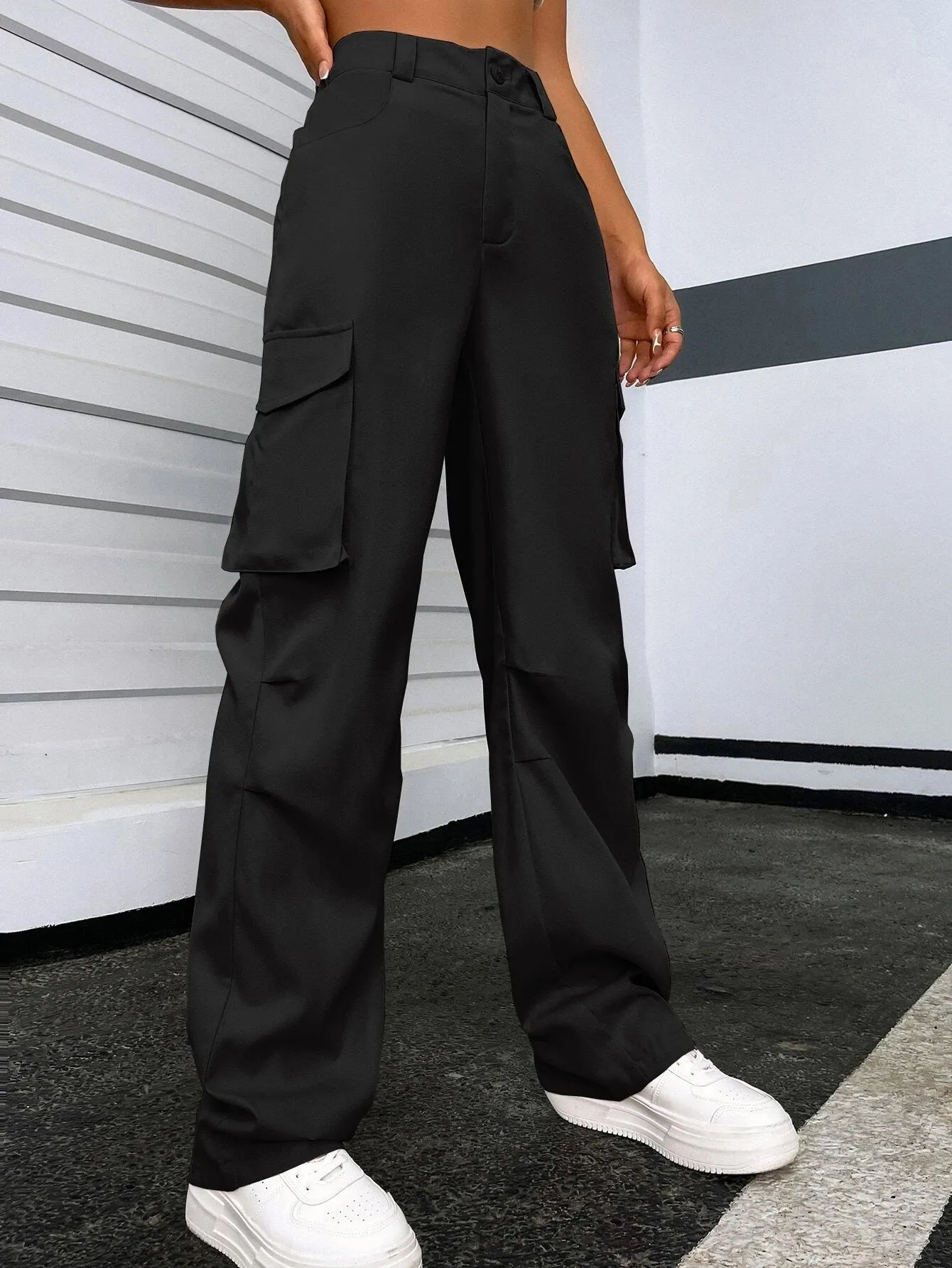 Solid Color Flap Pocket Pants
