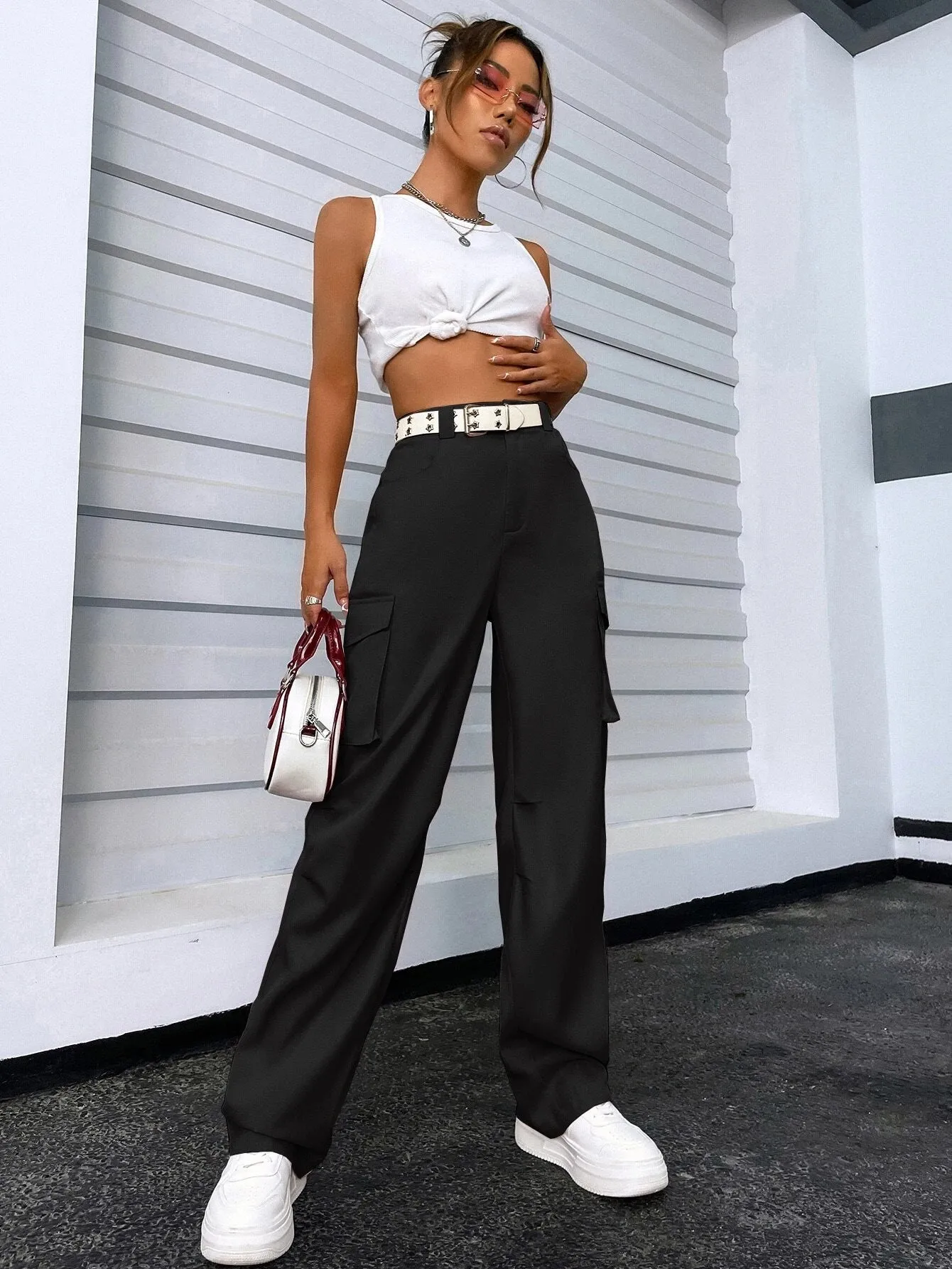 Solid Color Flap Pocket Pants