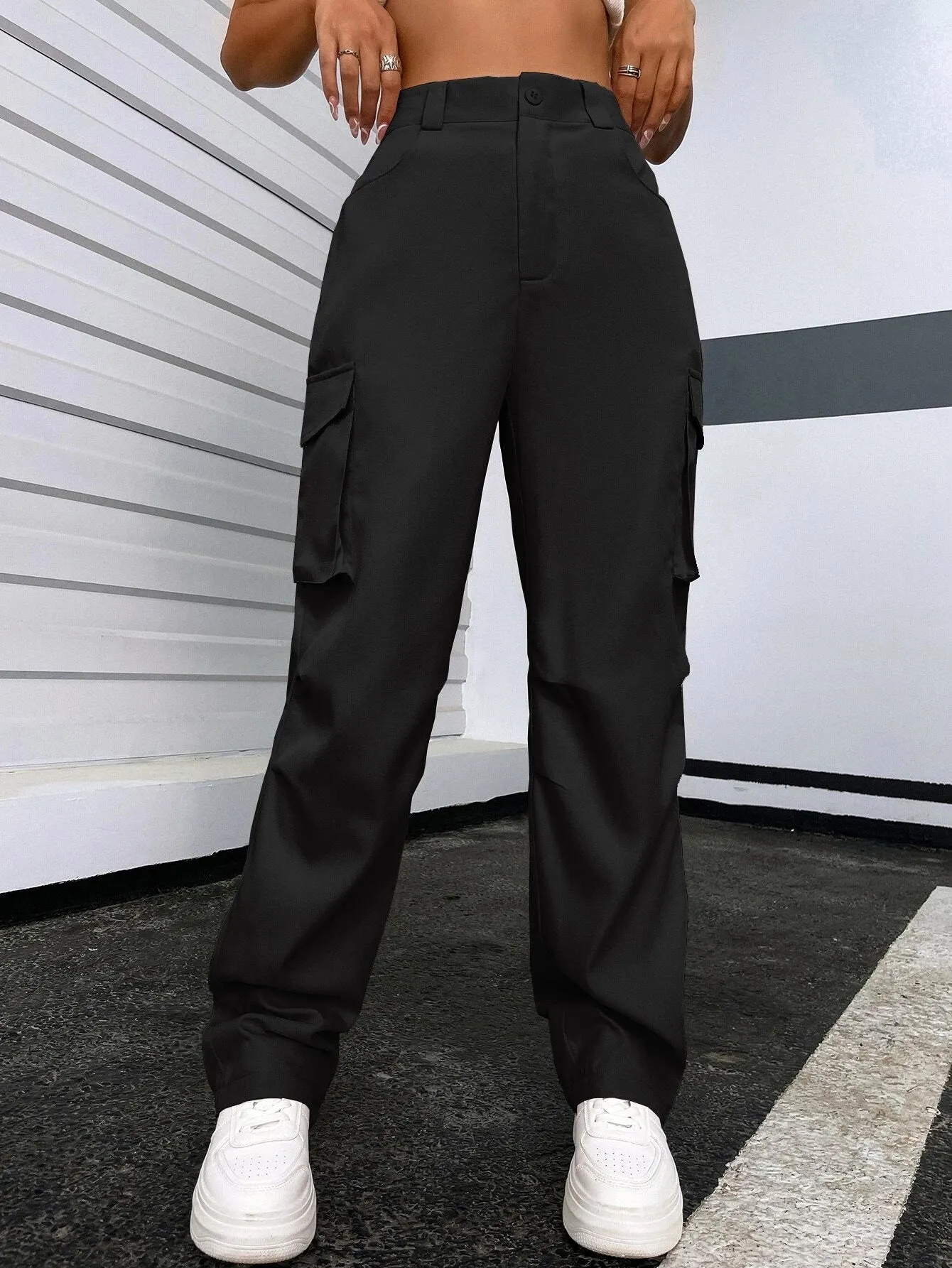 Solid Color Flap Pocket Pants