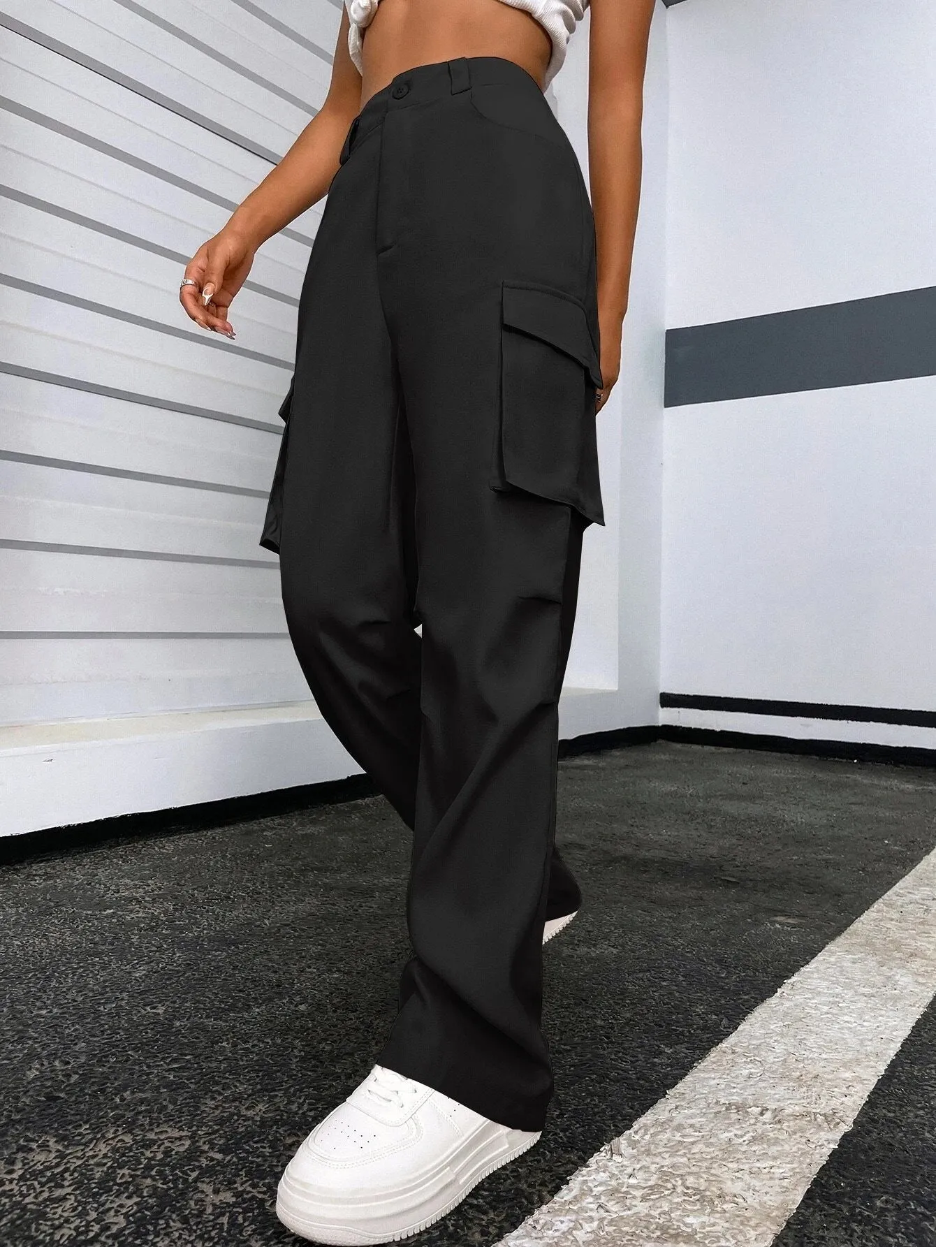 Solid Color Flap Pocket Pants